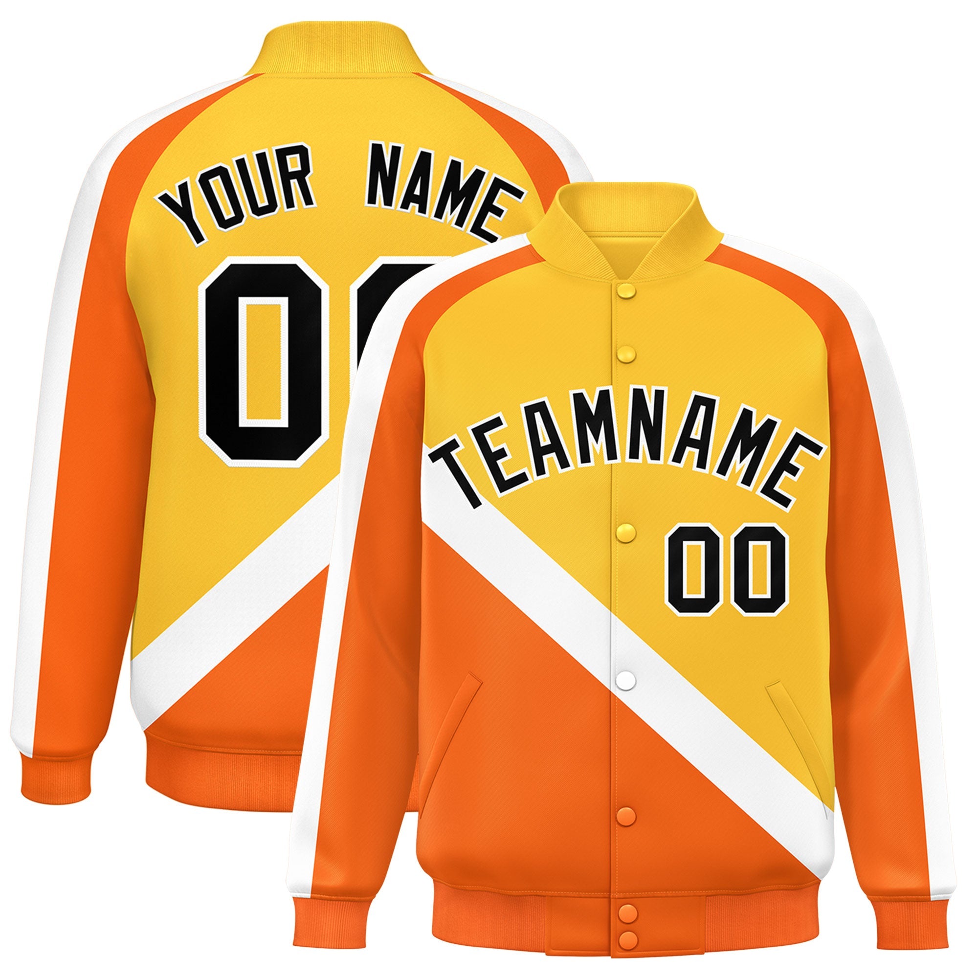 Custom Gold Orange Raglan Sleeves Varsity Full-Snap Letterman Baseball Jacket