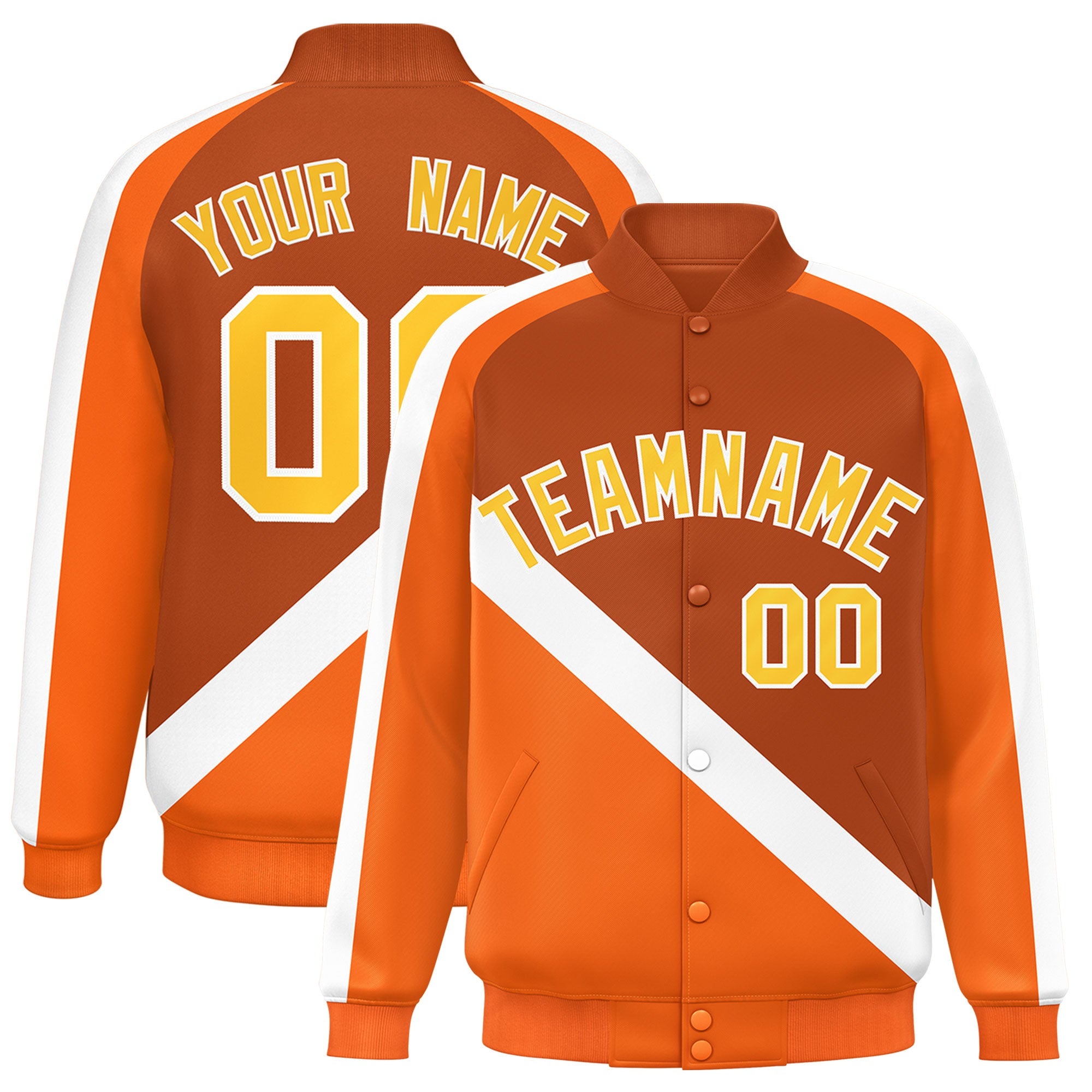 Custom Texas Orange Orange Raglan Sleeves Varsity Full-Snap Letterman Baseball Jacket