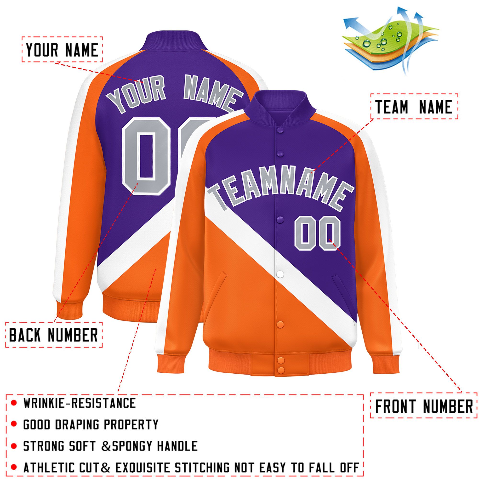 Custom Purple Orange Raglan Sleeves Varsity Full-Snap Letterman Baseball Jacket