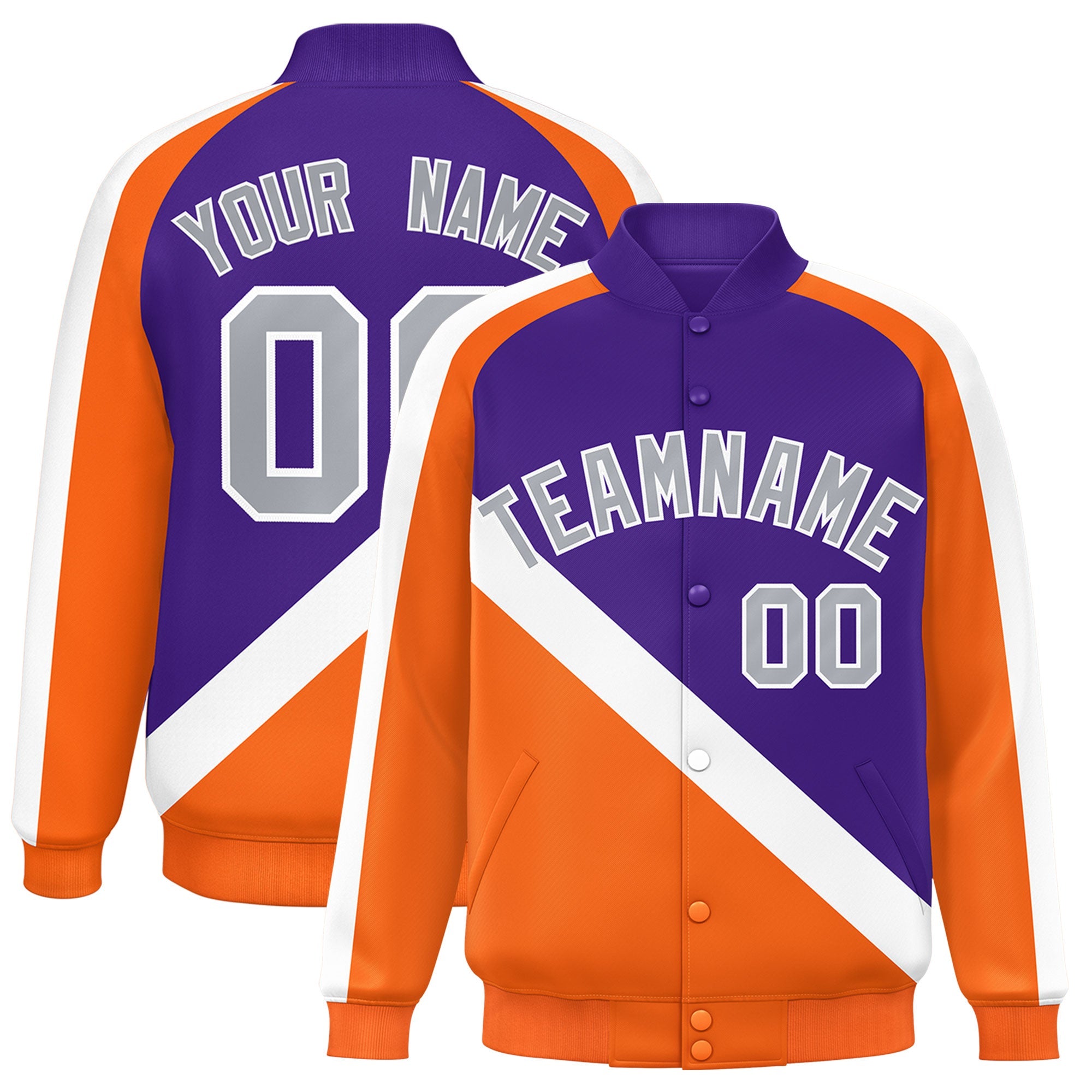 Custom Purple Orange Raglan Sleeves Varsity Full-Snap Letterman Baseball Jacket