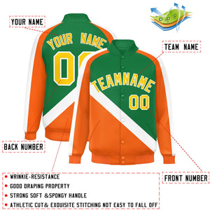 Custom Kelly Green Orange Raglan Sleeves Varsity Full-Snap Letterman Baseball Jacket