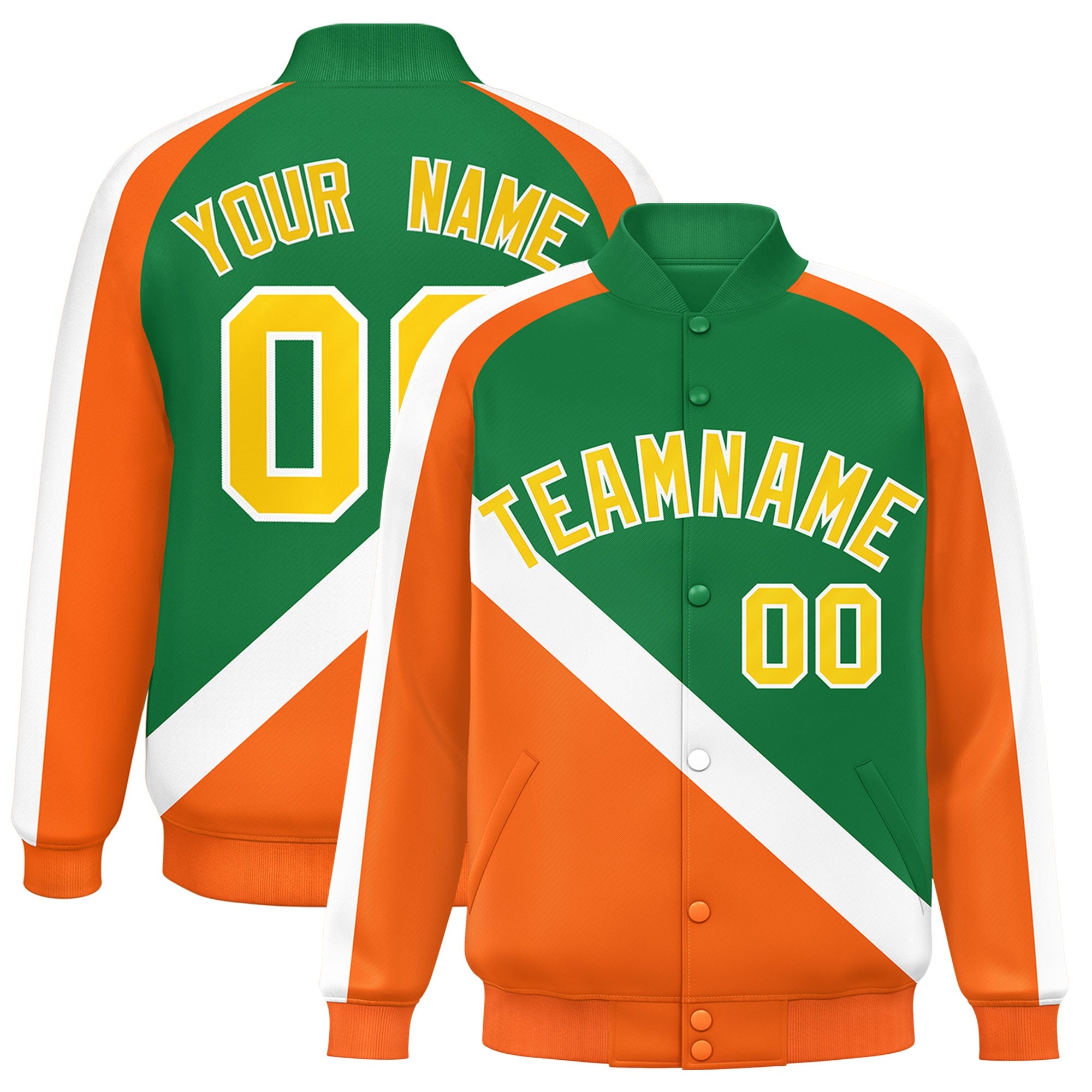 Custom Kelly Green Orange Raglan Sleeves Varsity Full-Snap Letterman Baseball Jacket