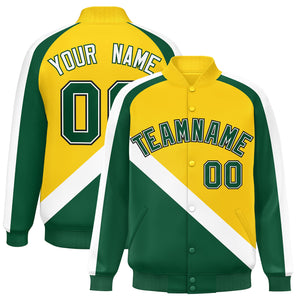 Custom Gold Green Raglan Sleeves Varsity Full-Snap Letterman Baseball Jacket