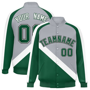 Custom Gray Green Raglan Sleeves Varsity Full-Snap Letterman Baseball Jacket