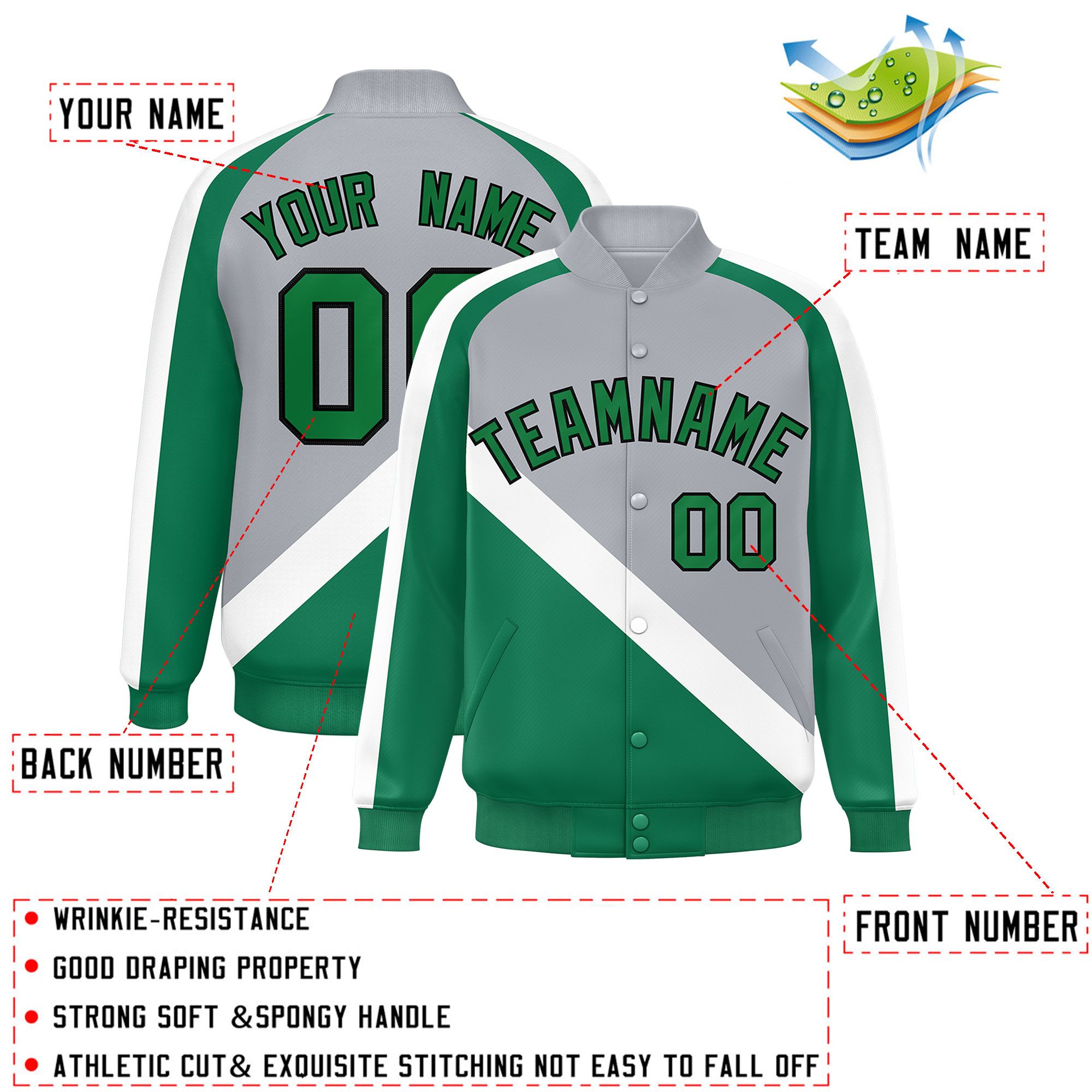 Custom Gray Kelly Green Raglan Sleeves Varsity Full-Snap Letterman Baseball Jacket