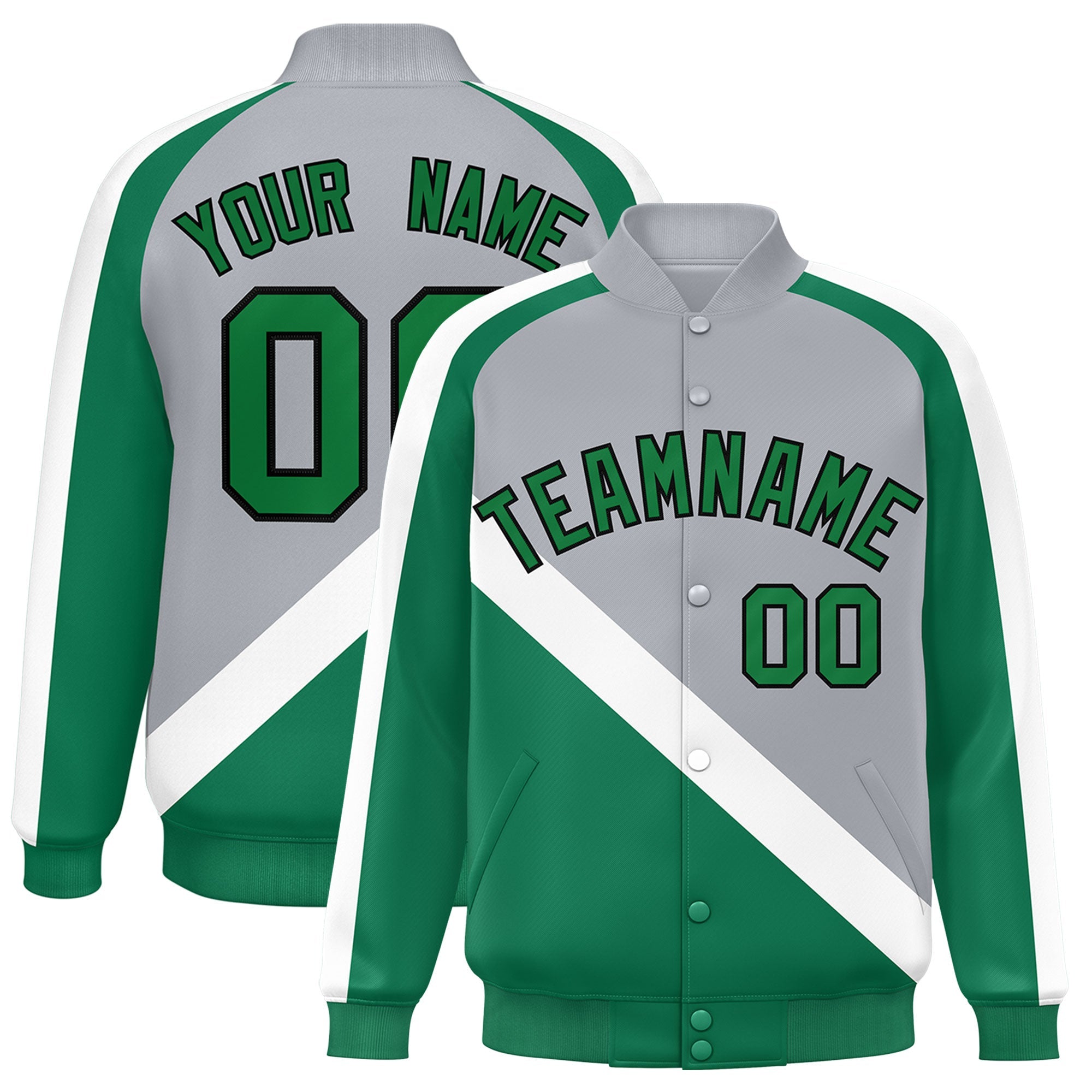 Custom Gray Kelly Green Raglan Sleeves Varsity Full-Snap Letterman Baseball Jacket