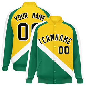 Custom Gold Kelly Green Raglan Sleeves Varsity Full-Snap Letterman Baseball Jacket