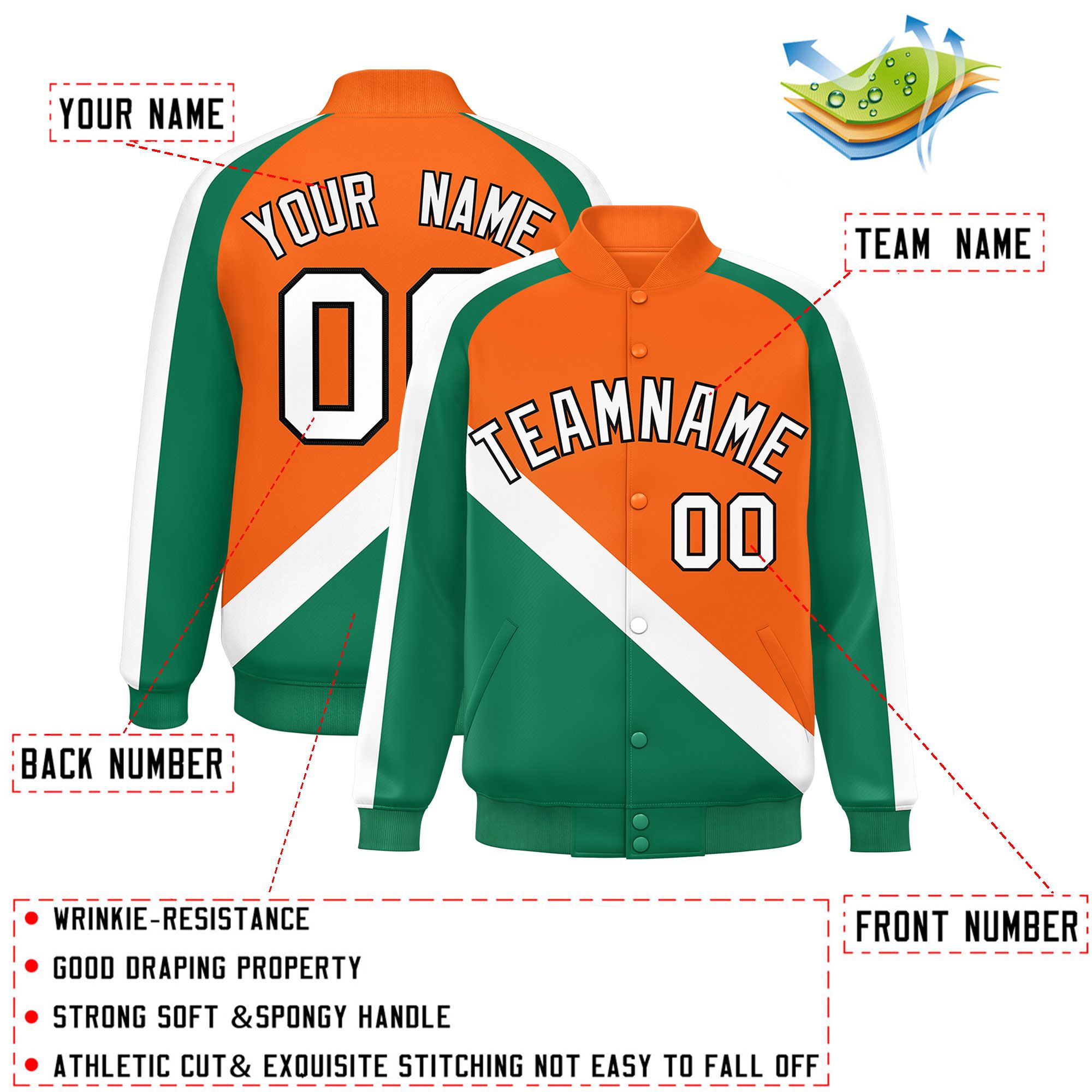 Custom Orange Kelly Green Raglan Sleeves Varsity Full-Snap Letterman Baseball Jacket