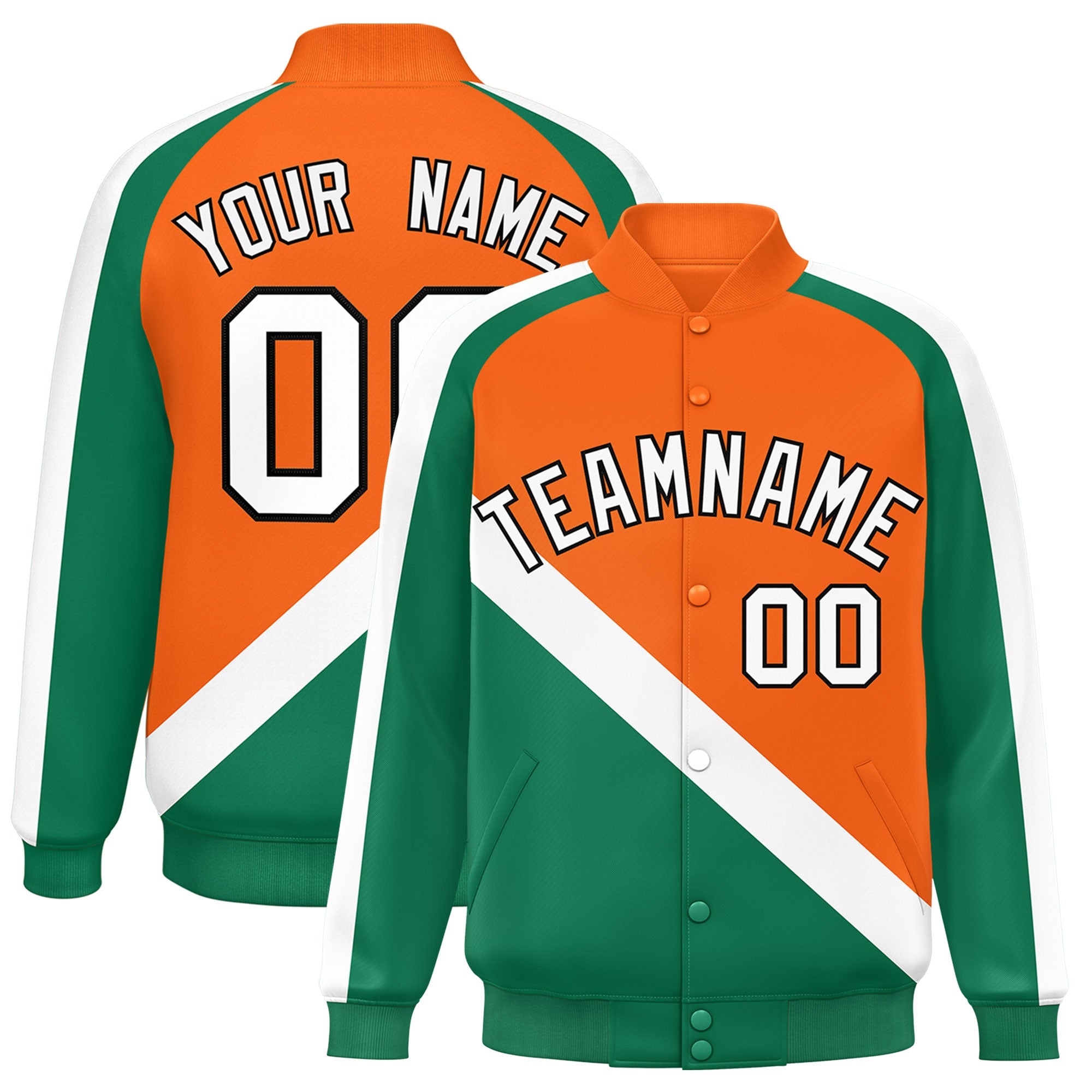 Custom Orange Kelly Green Raglan Sleeves Varsity Full-Snap Letterman Baseball Jacket