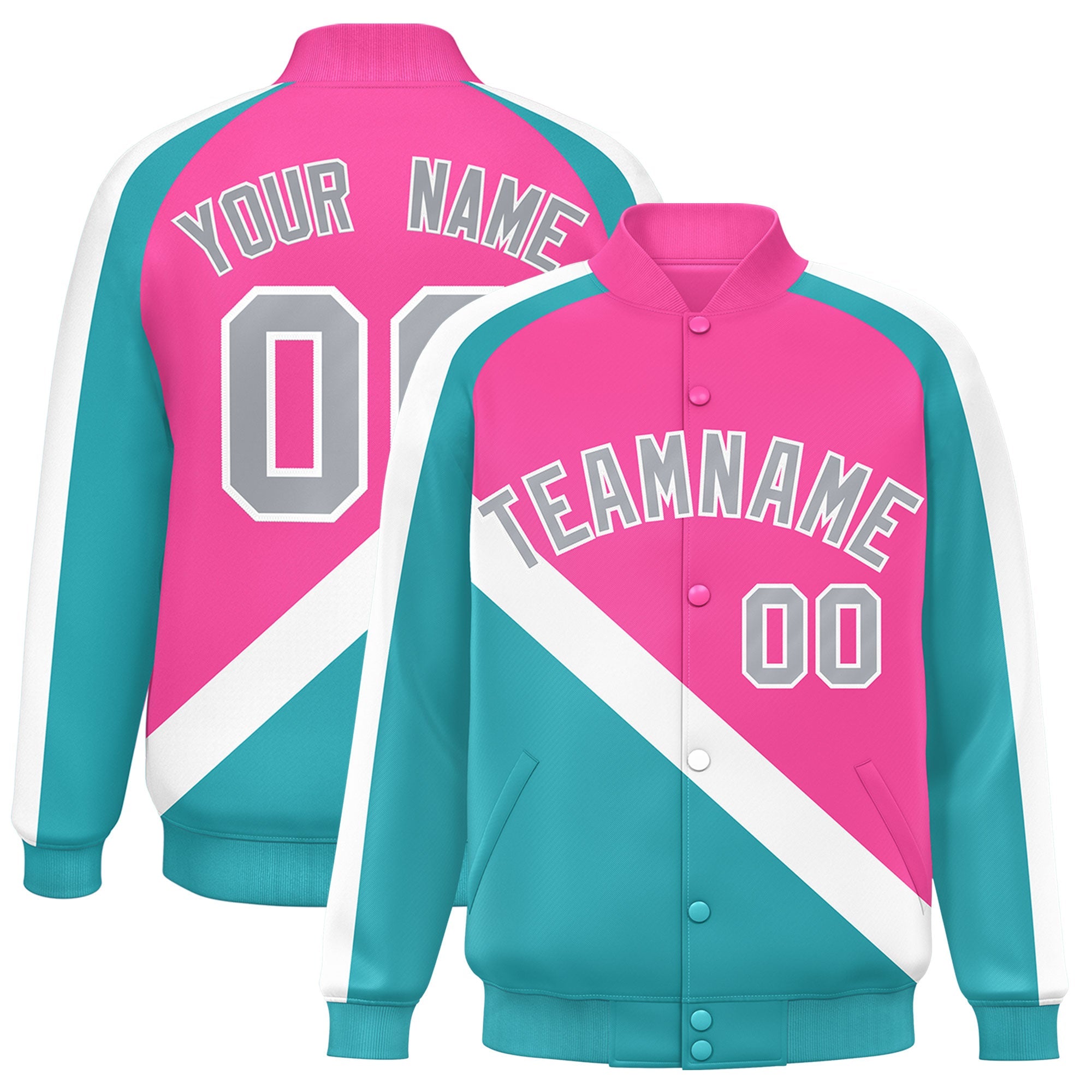 Custom Pink Aqua Raglan Sleeves Varsity Full-Snap Letterman Baseball Jacket