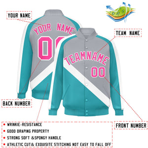 Custom Gray Aqua Raglan Sleeves Varsity Full-Snap Letterman Baseball Jacket