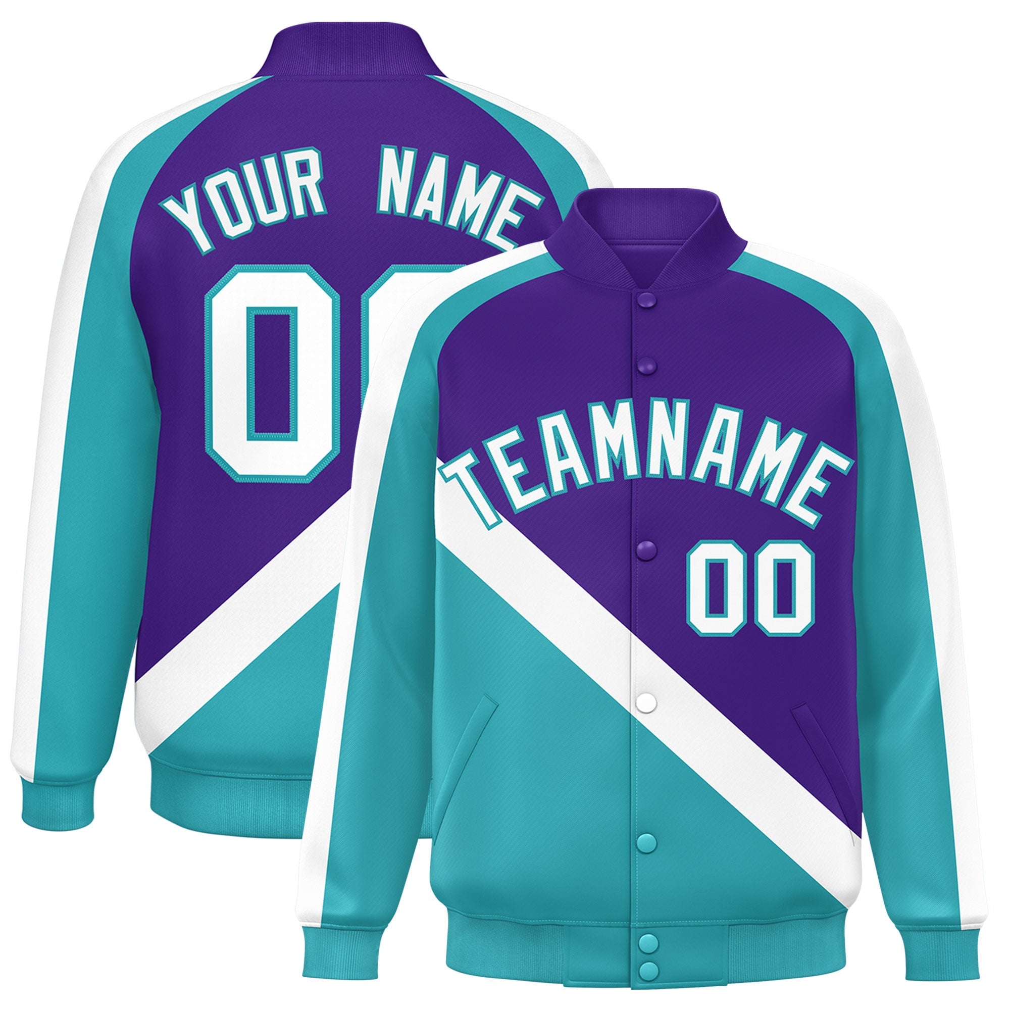 Custom Purple Aqua Raglan Sleeves Varsity Full-Snap Letterman Baseball Jacket