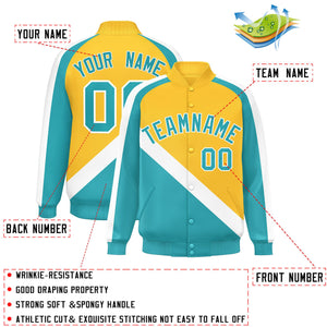 Custom Gold Aqua Raglan Sleeves Varsity Full-Snap Letterman Baseball Jacket