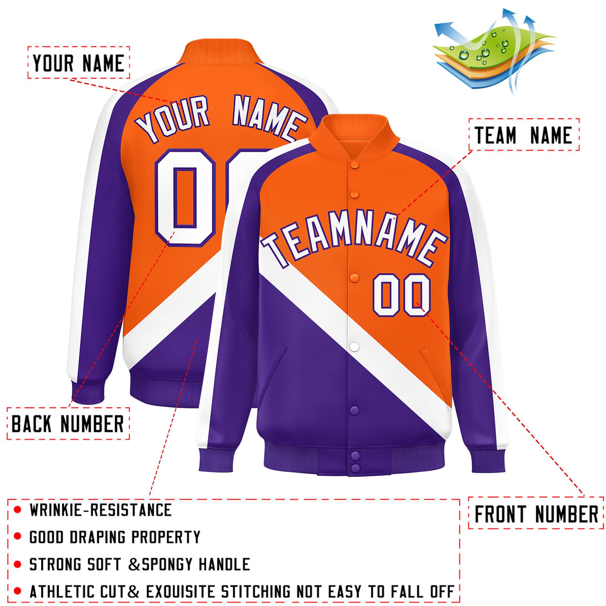 Custom Orange Purple Raglan Sleeves Varsity Full-Snap Letterman Baseball Jacket