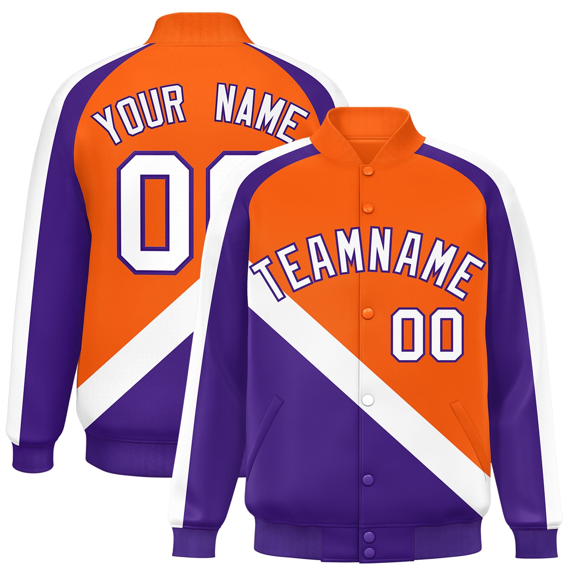 Custom Orange Purple Raglan Sleeves Varsity Full-Snap Letterman Baseball Jacket