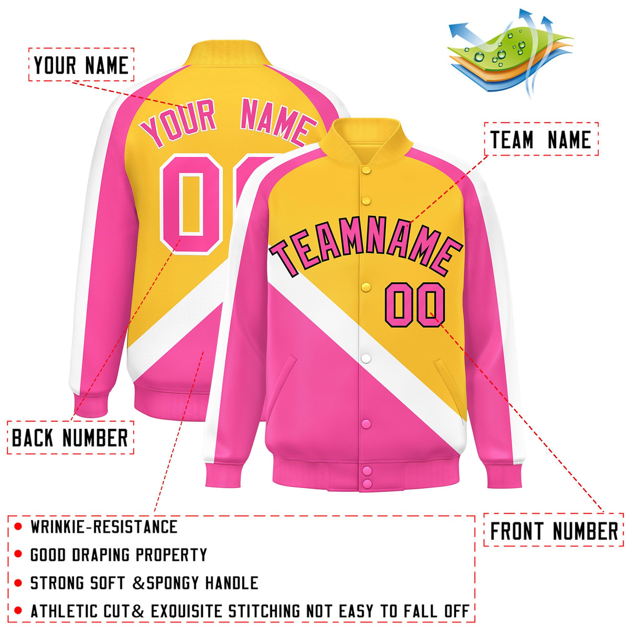 Custom Gold Pink Raglan Sleeves Varsity Full-Snap Letterman Baseball Jacket