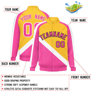 Custom Gold Pink Raglan Sleeves Varsity Full-Snap Letterman Baseball Jacket