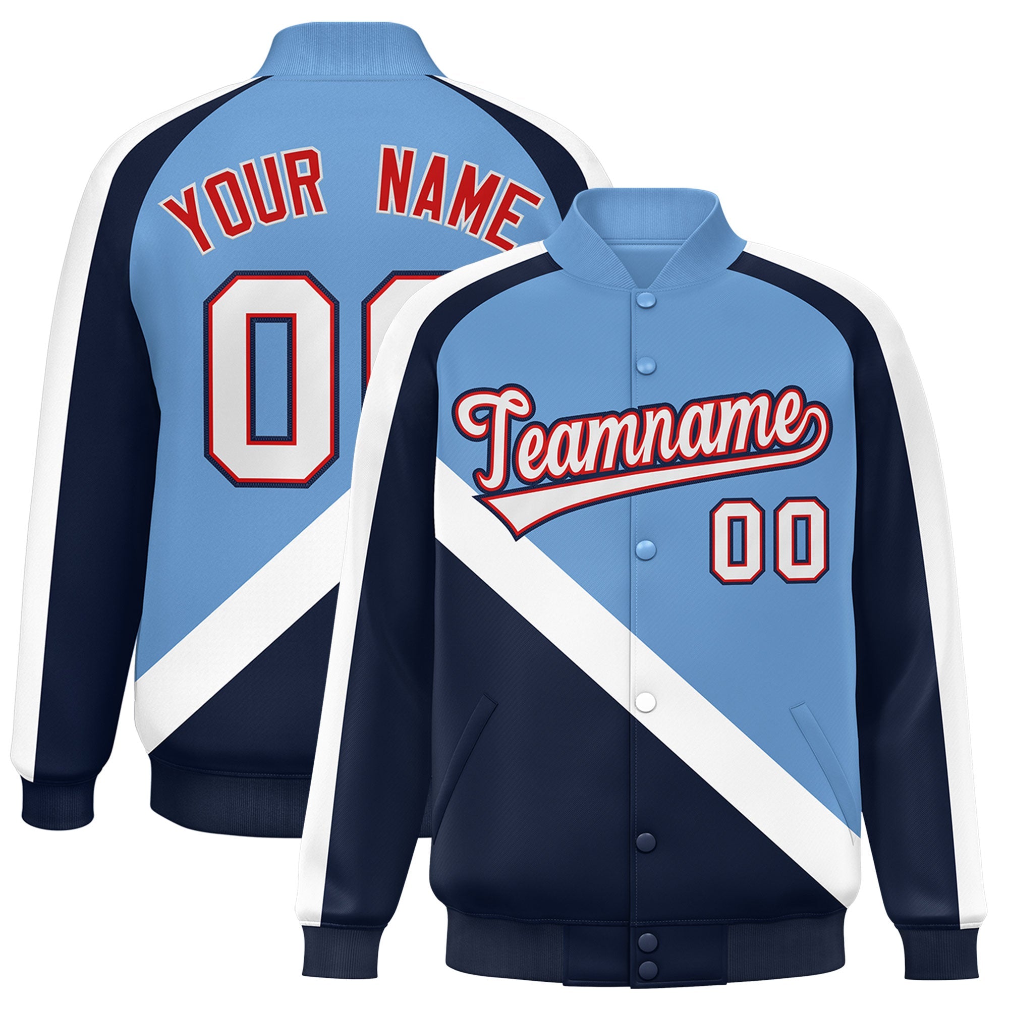 Custom Light Blue Navy Raglan Sleeves Varsity Full-Snap Letterman Baseball Jacket