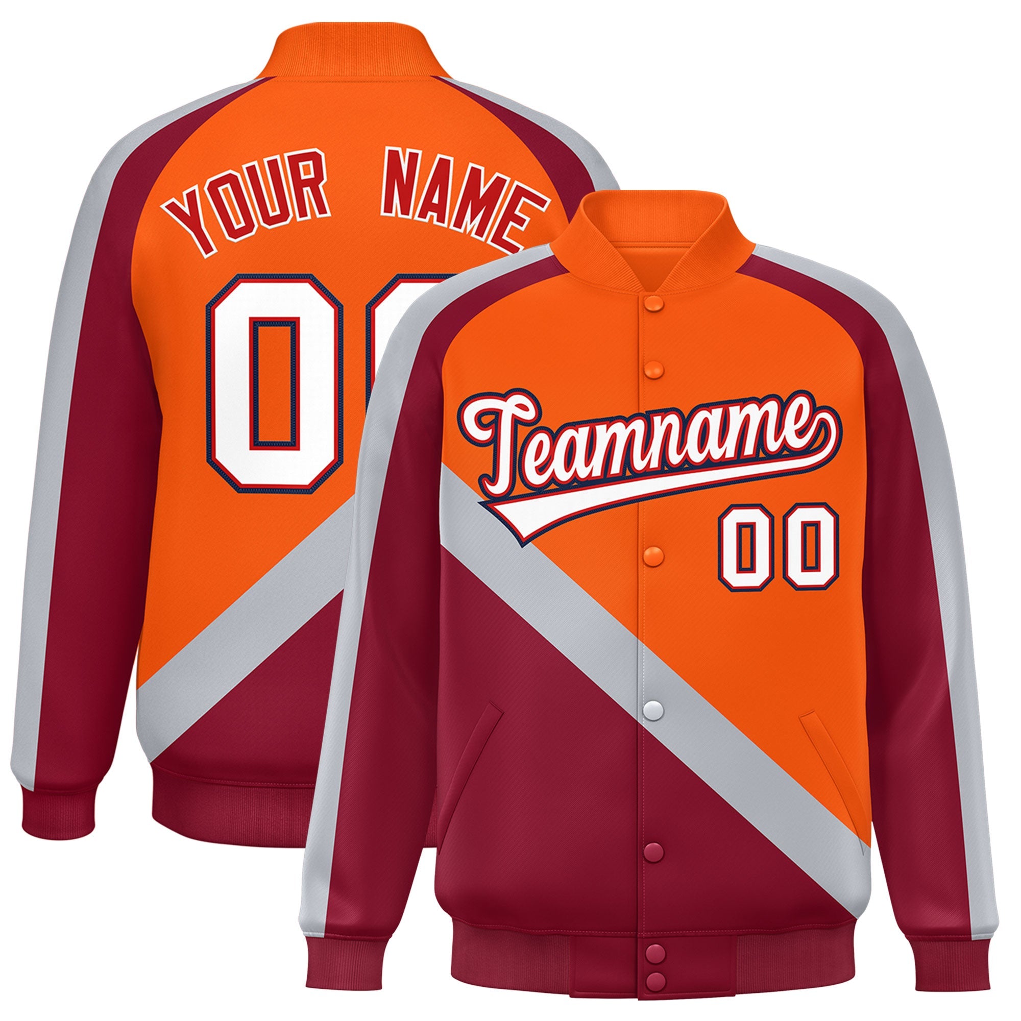 Custom Orange Crimson Raglan Sleeves Varsity Full-Snap Letterman Baseball Jacket