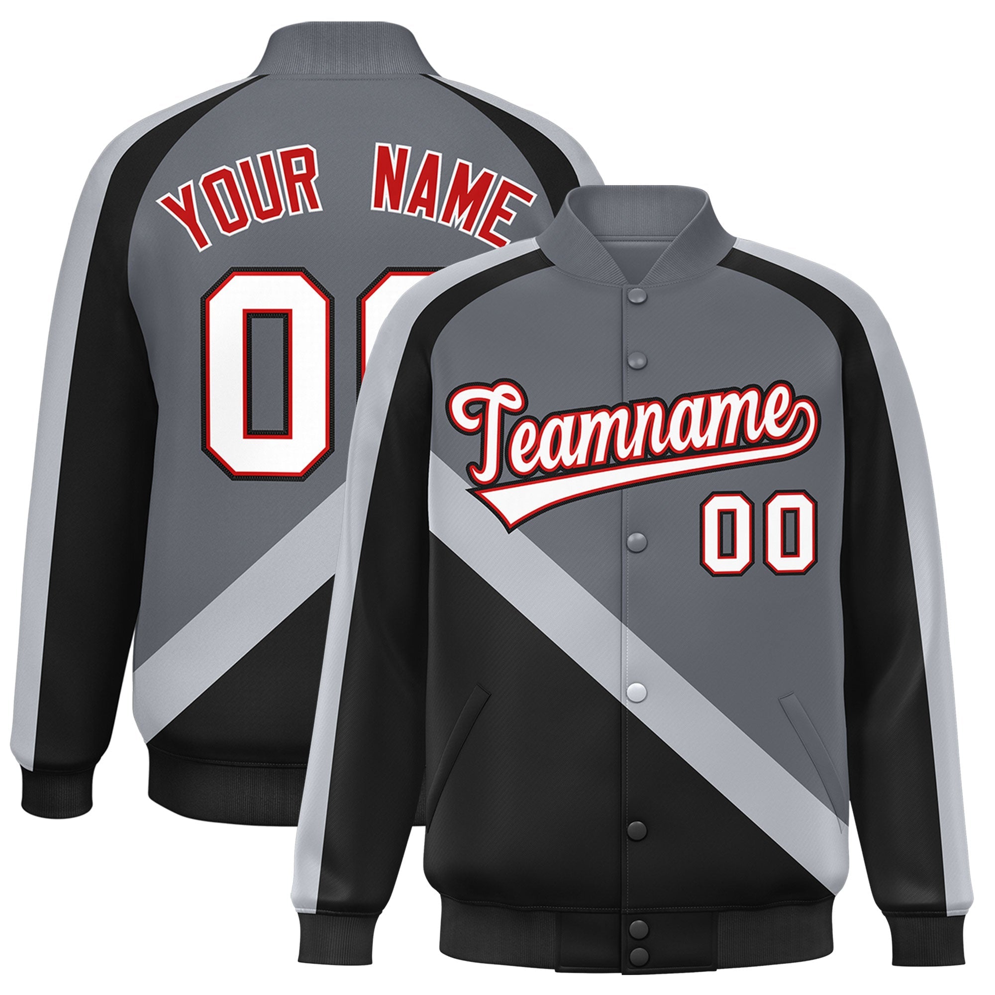 Custom Dark Gray Black Raglan Sleeves Varsity Full-Snap Letterman Baseball Jacket