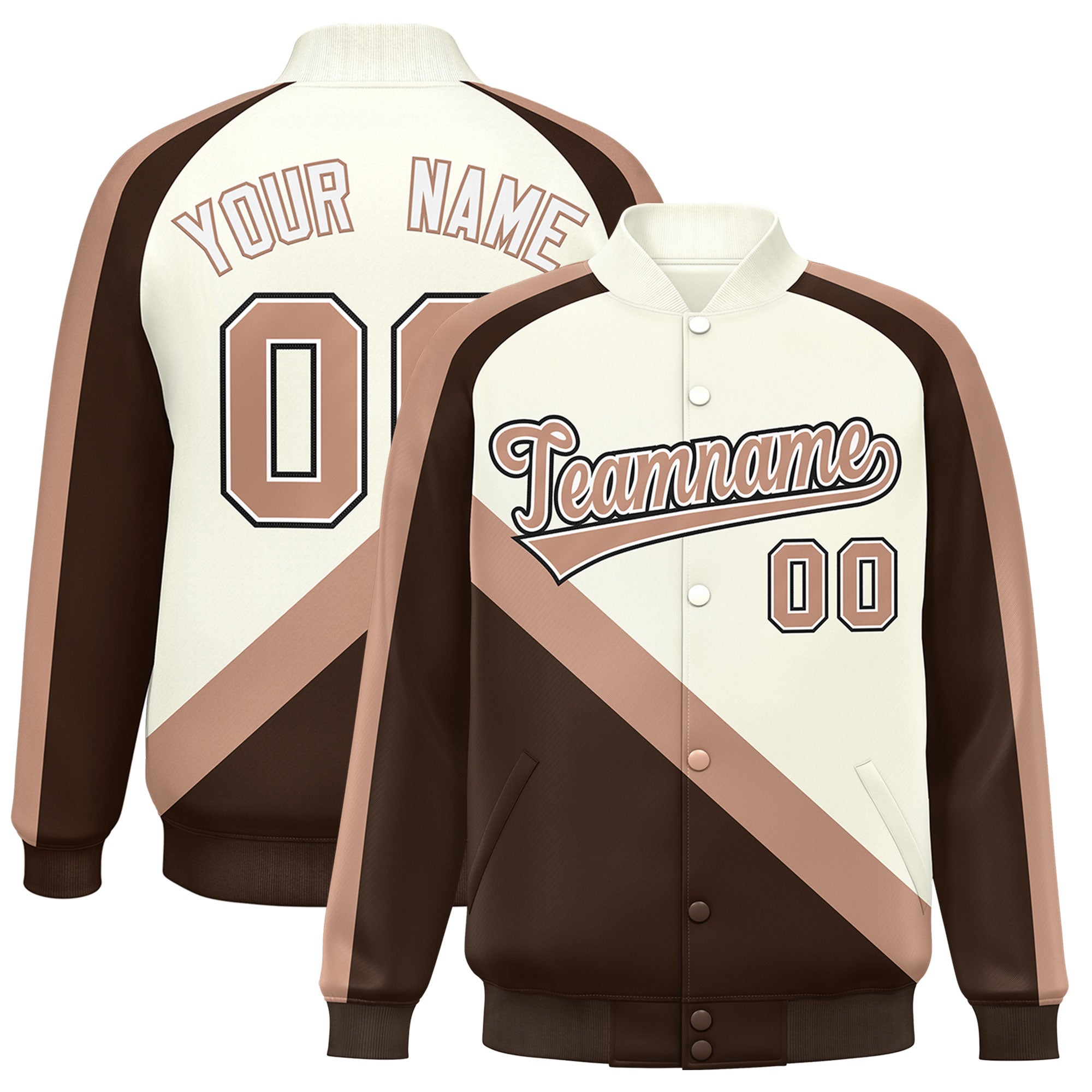 Custom Cream Brown Raglan Sleeves Varsity Full-Snap Letterman Baseball Jacket