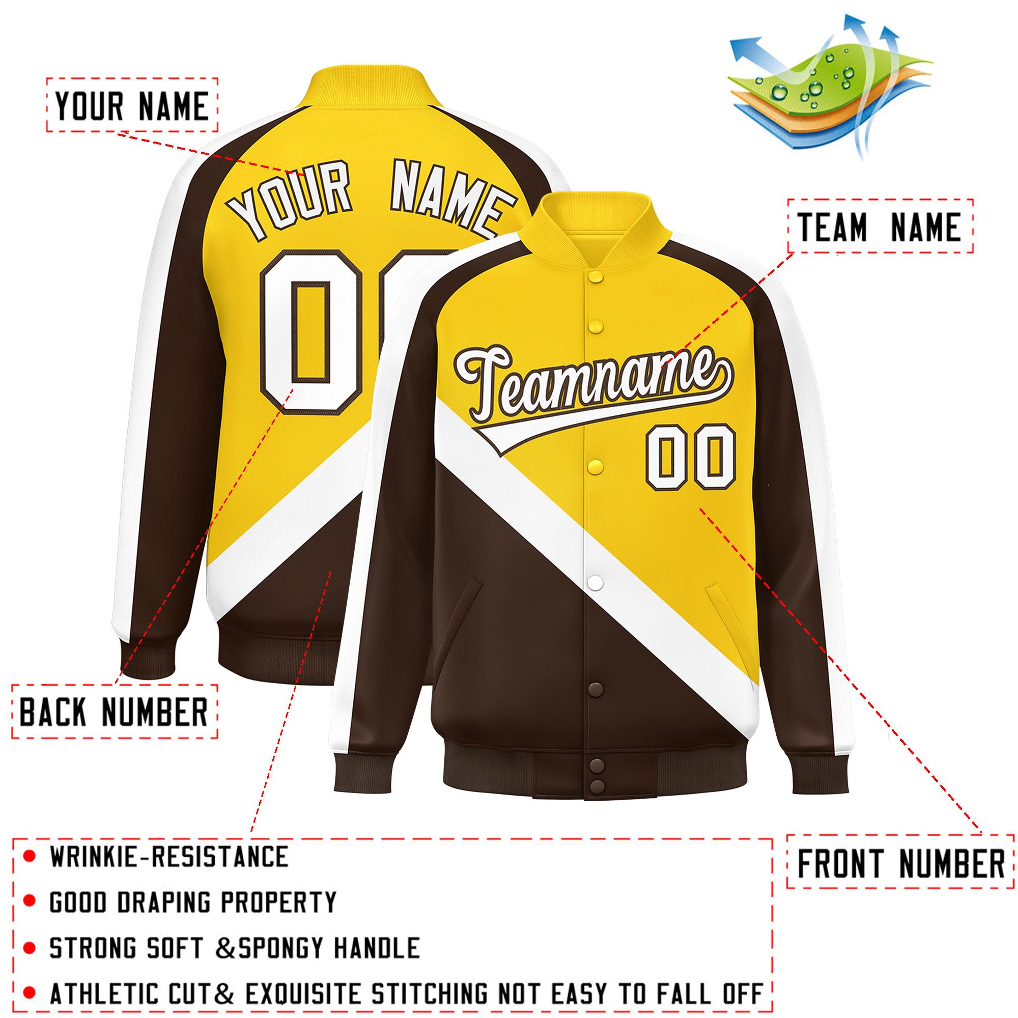 Custom Gold Brown Raglan Sleeves Varsity Full-Snap Letterman Baseball Jacket