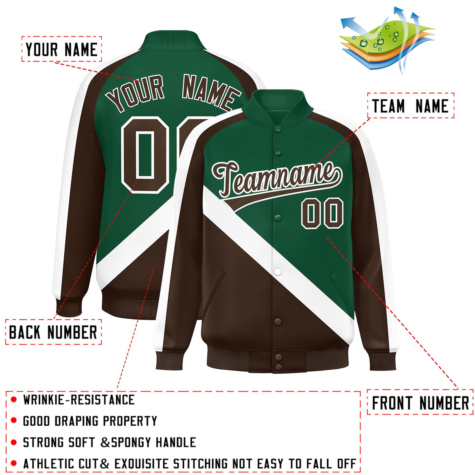 Custom Green Brown Raglan Sleeves Varsity Full-Snap Letterman Baseball Jacket