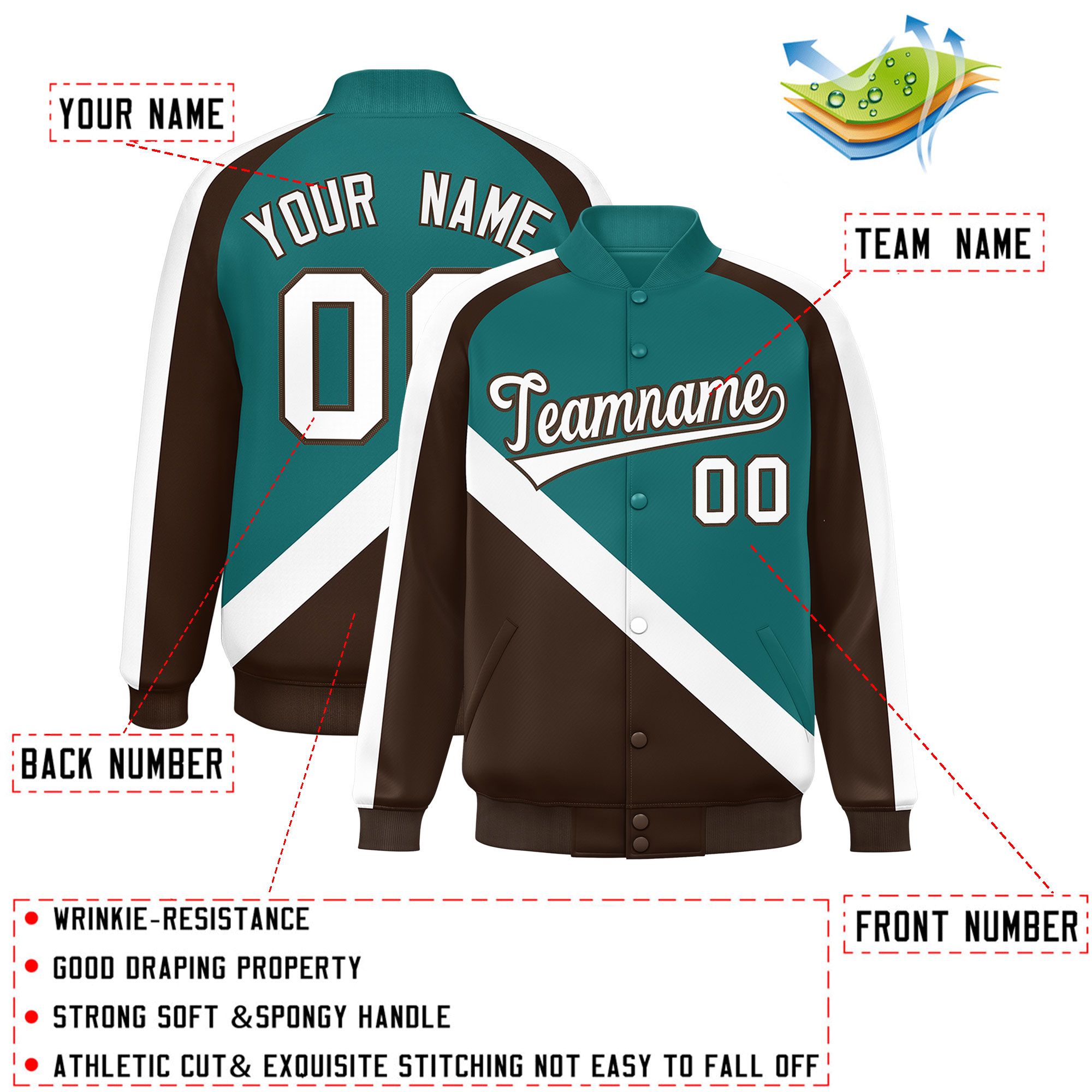 Custom Aqua Brown Raglan Sleeves Varsity Full-Snap Letterman Baseball Jacket