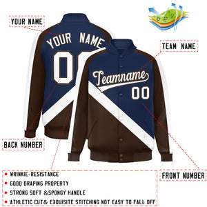 Custom Navy Brown Raglan Sleeves Varsity Full-Snap Letterman Baseball Jacket