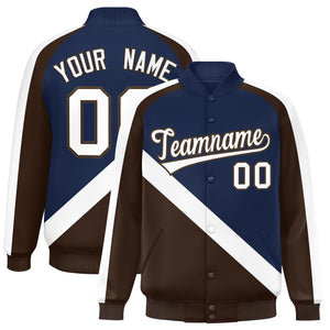 Custom Navy Brown Raglan Sleeves Varsity Full-Snap Letterman Baseball Jacket