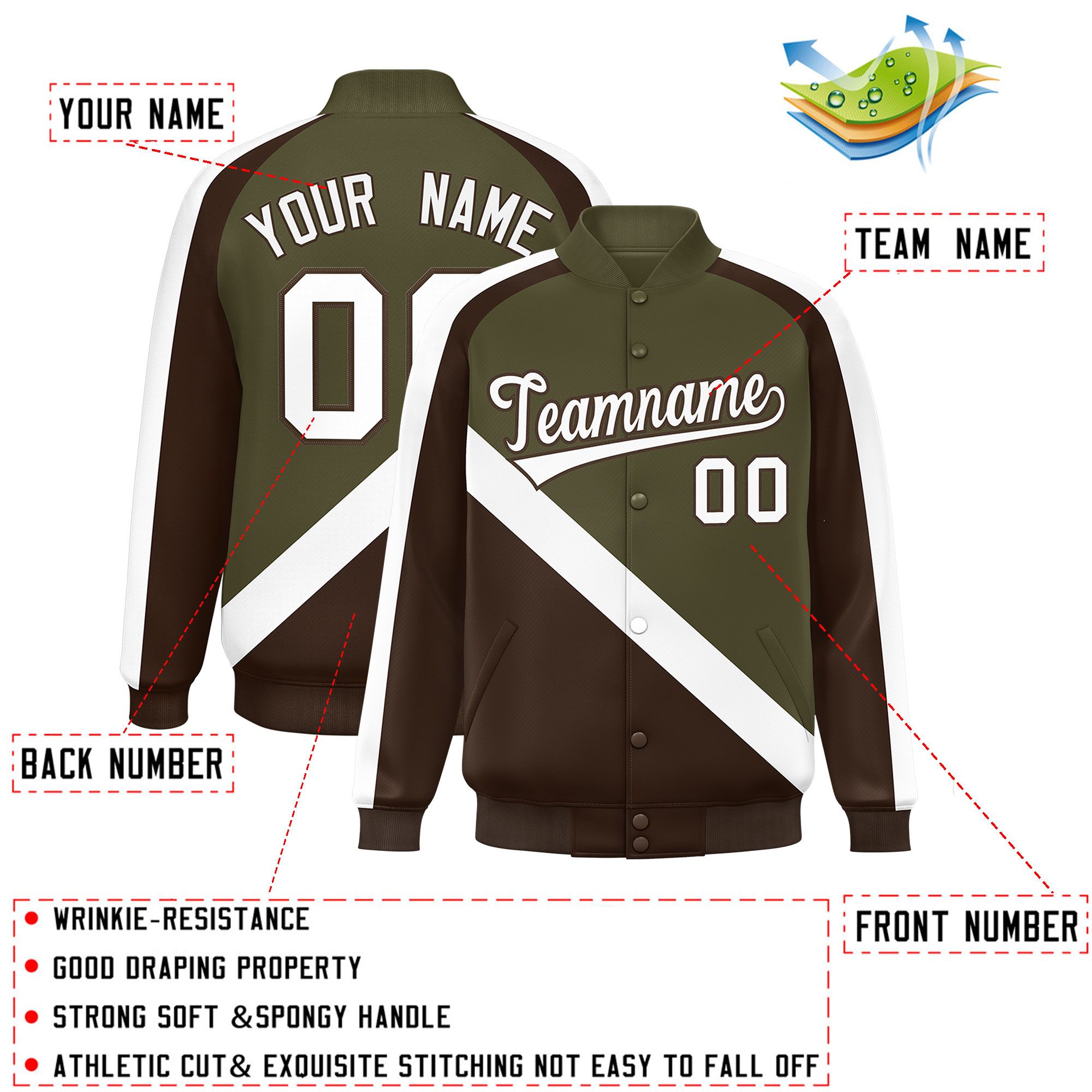 Custom Olive Brown Raglan Sleeves Varsity Full-Snap Letterman Baseball Jacket