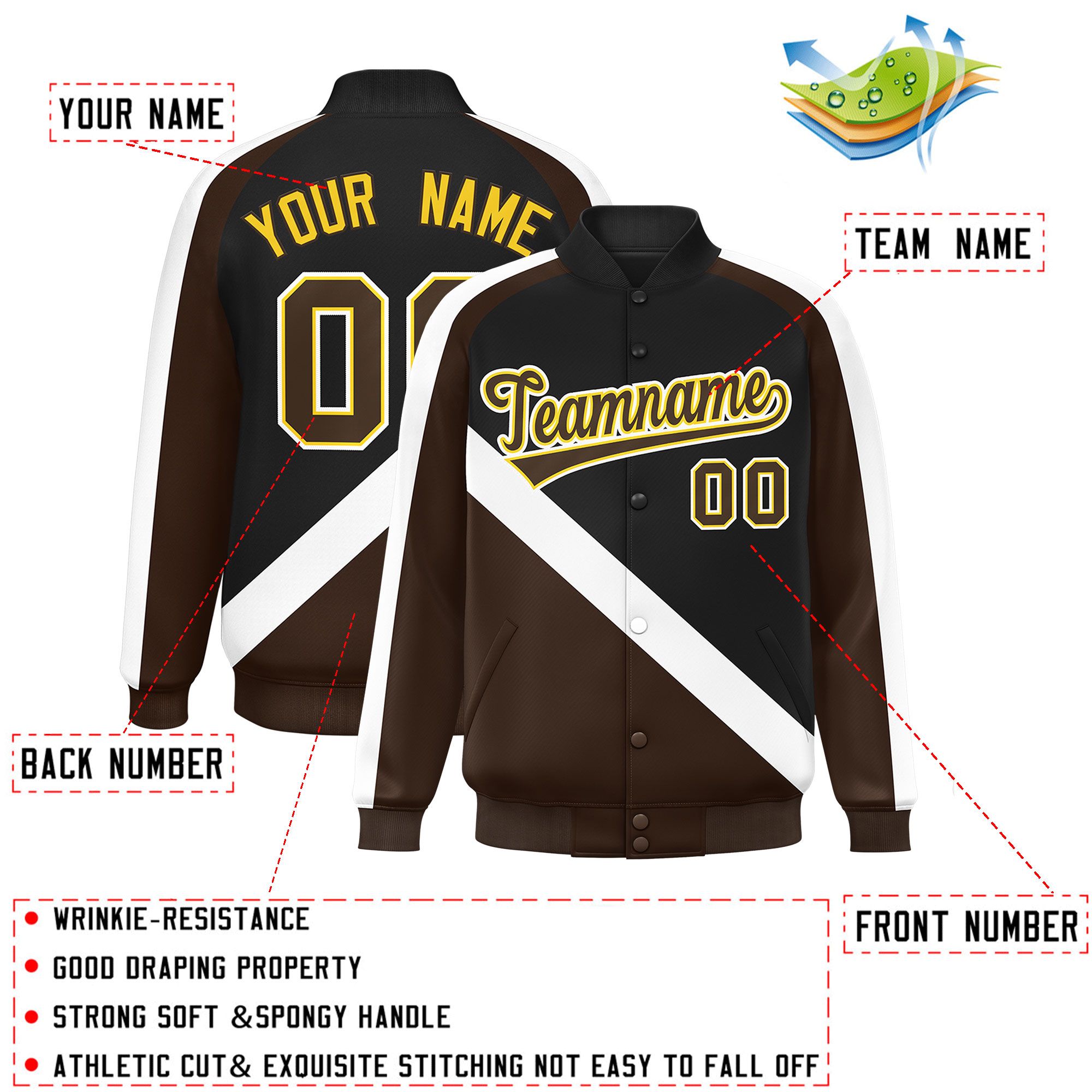 Custom Black Brown Raglan Sleeves Varsity Full-Snap Letterman Baseball Jacket