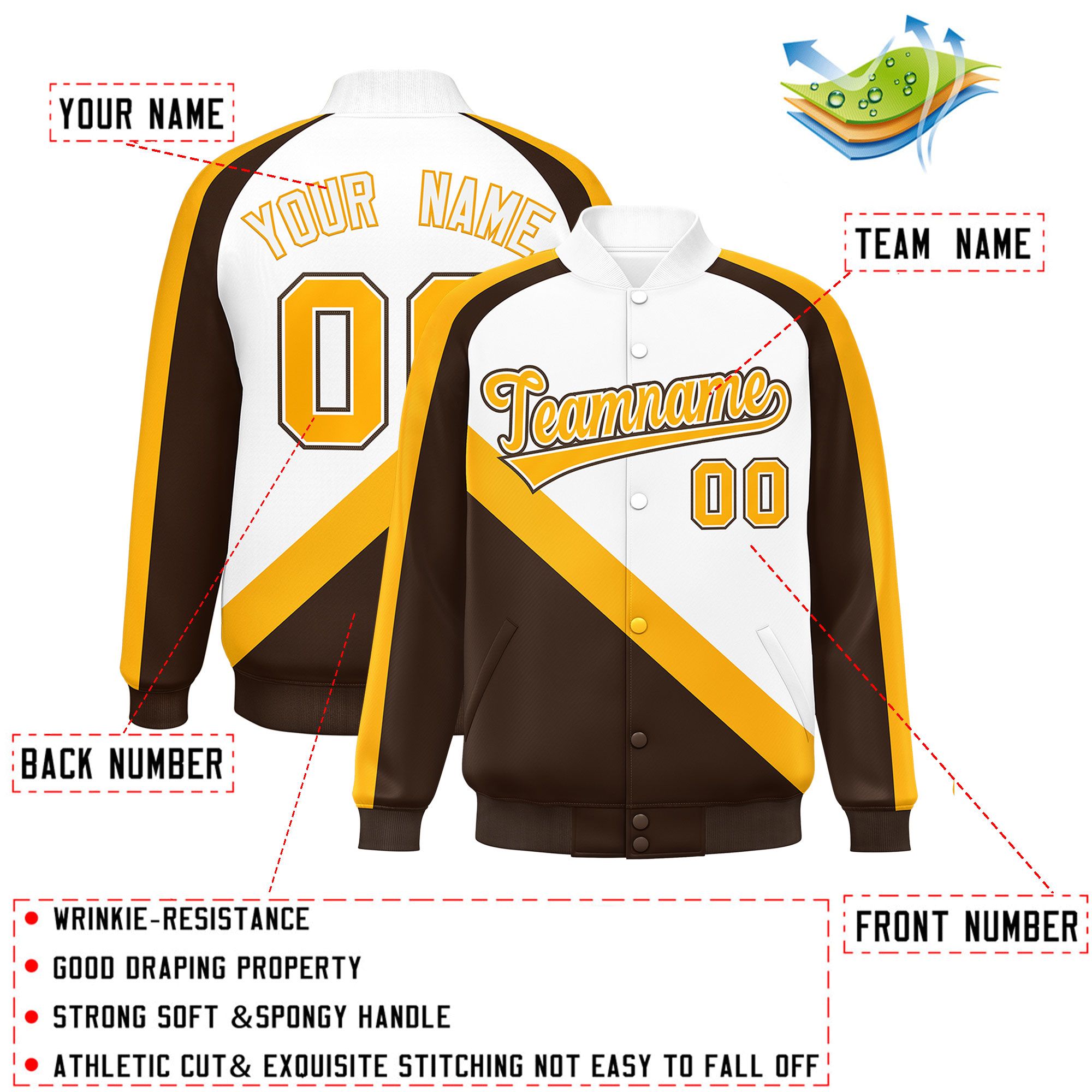 Custom White Brown Raglan Sleeves Varsity Full-Snap Letterman Baseball Jacket