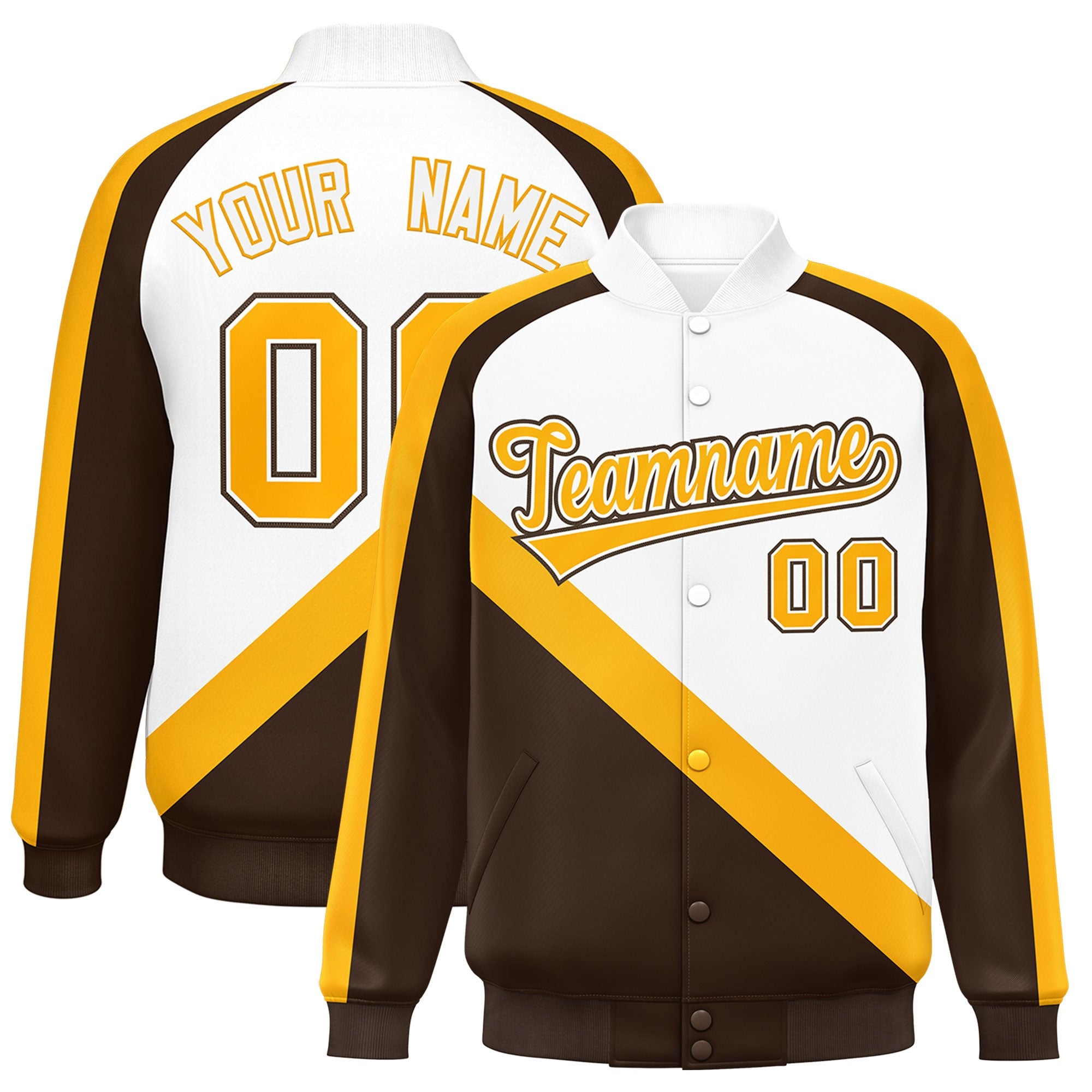 Custom White Brown Raglan Sleeves Varsity Full-Snap Letterman Baseball Jacket