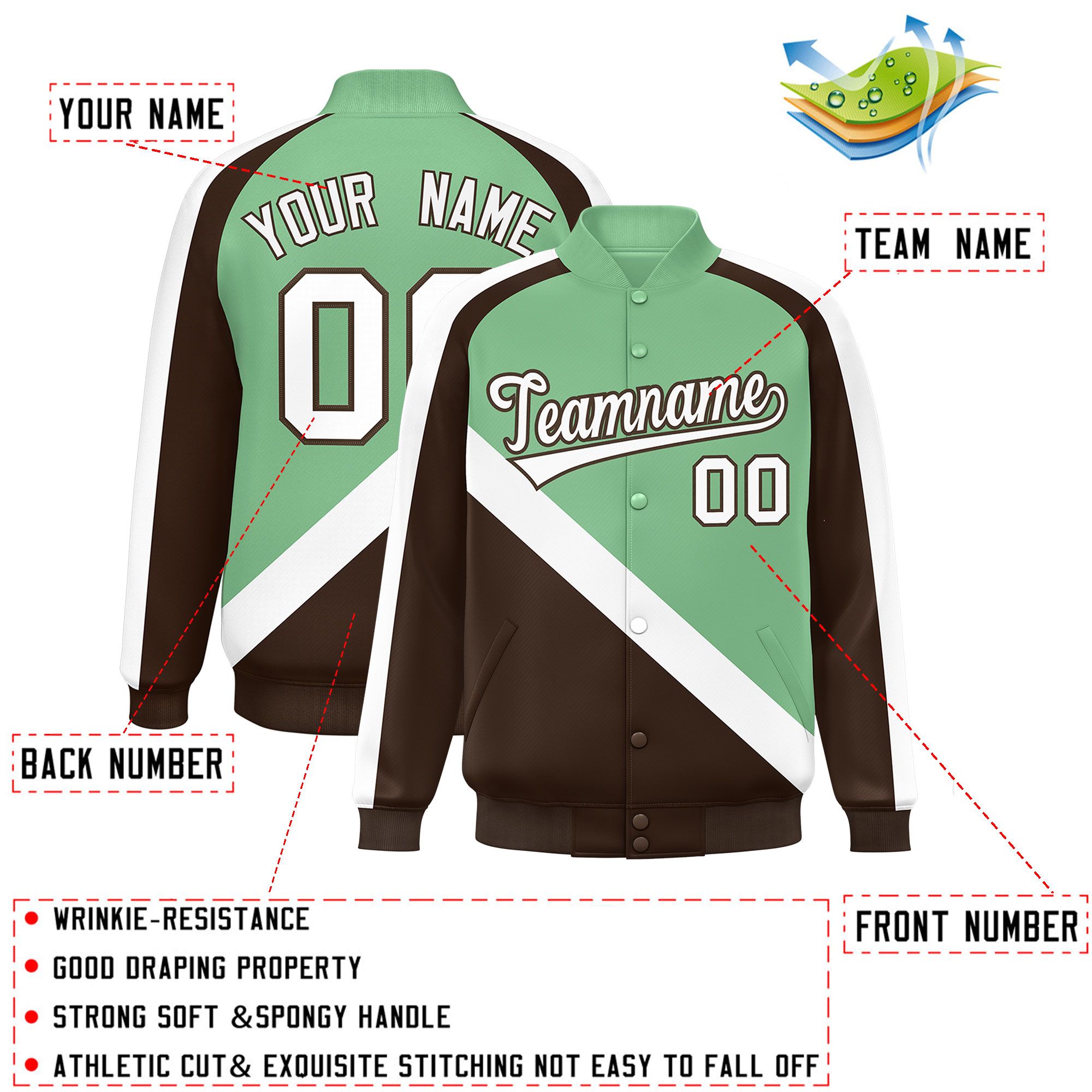 Custom Green Brown Raglan Sleeves Varsity Full-Snap Letterman Baseball Jacket