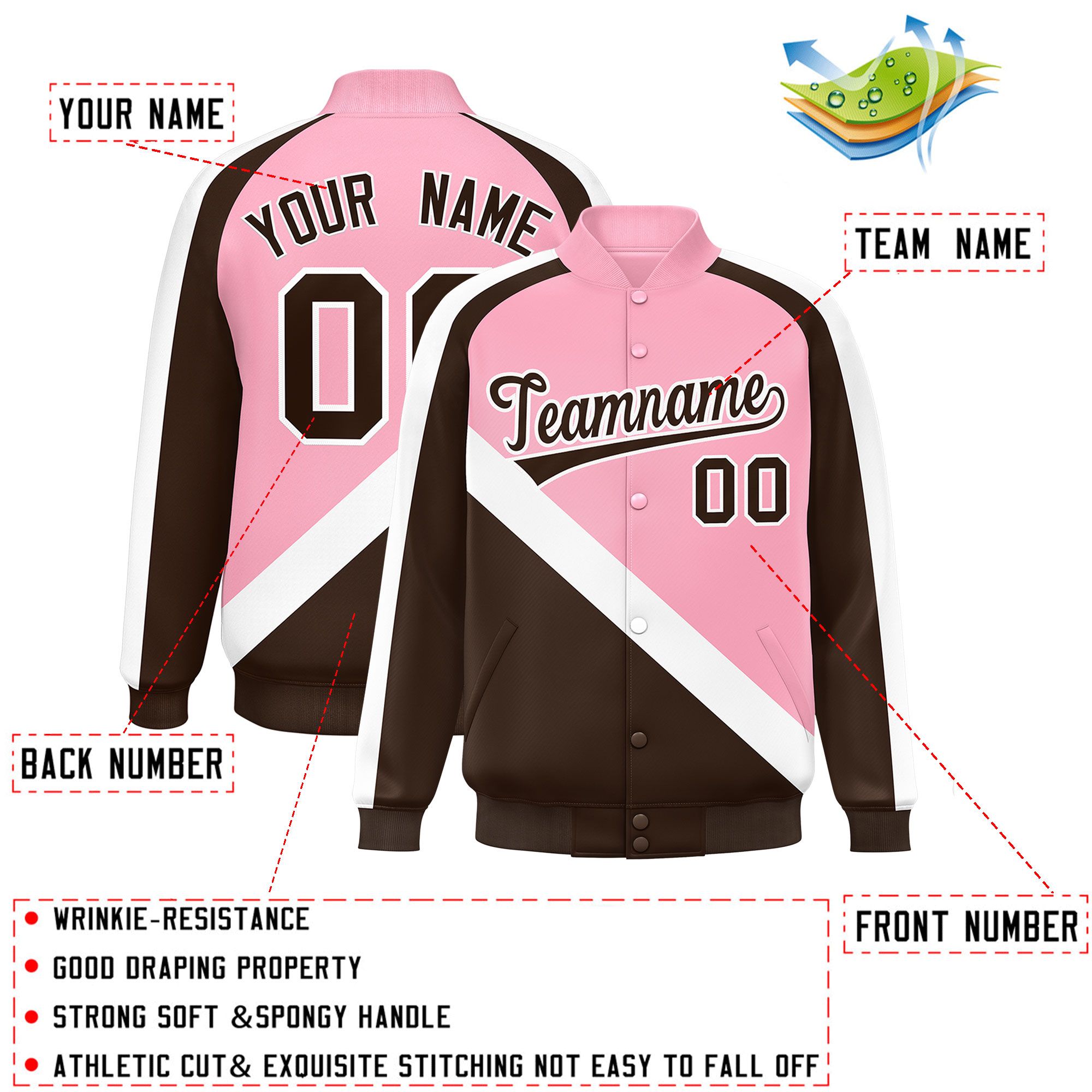 Custom Light Pink Brown Raglan Sleeves Varsity Full-Snap Letterman Baseball Jacket