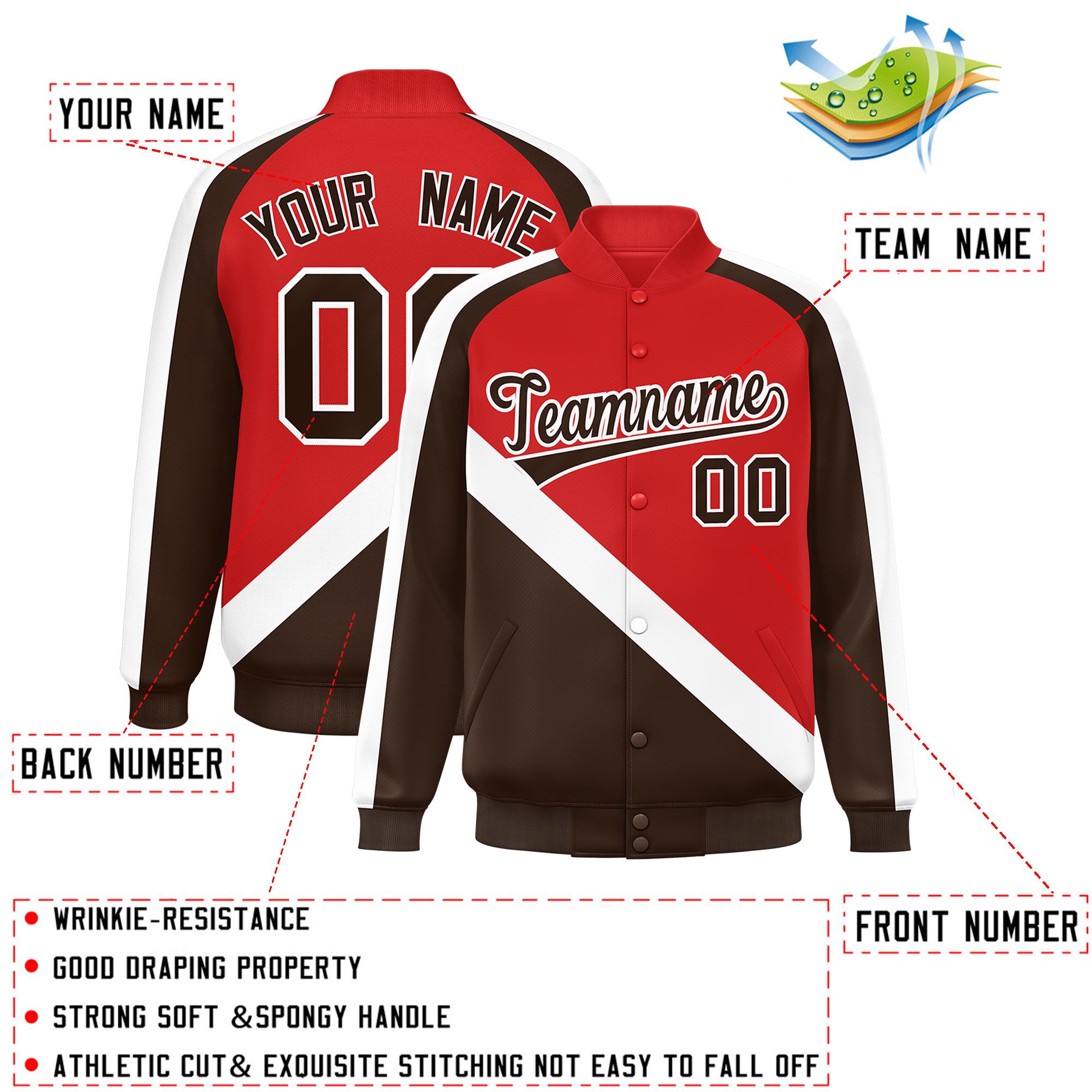 Custom Red Brown Raglan Sleeves Varsity Full-Snap Letterman Baseball Jacket