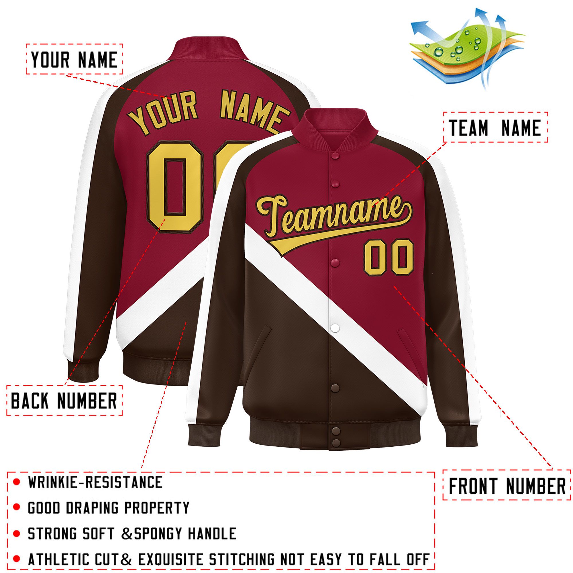 Custom Crimson Brown Raglan Sleeves Varsity Full-Snap Letterman Baseball Jacket