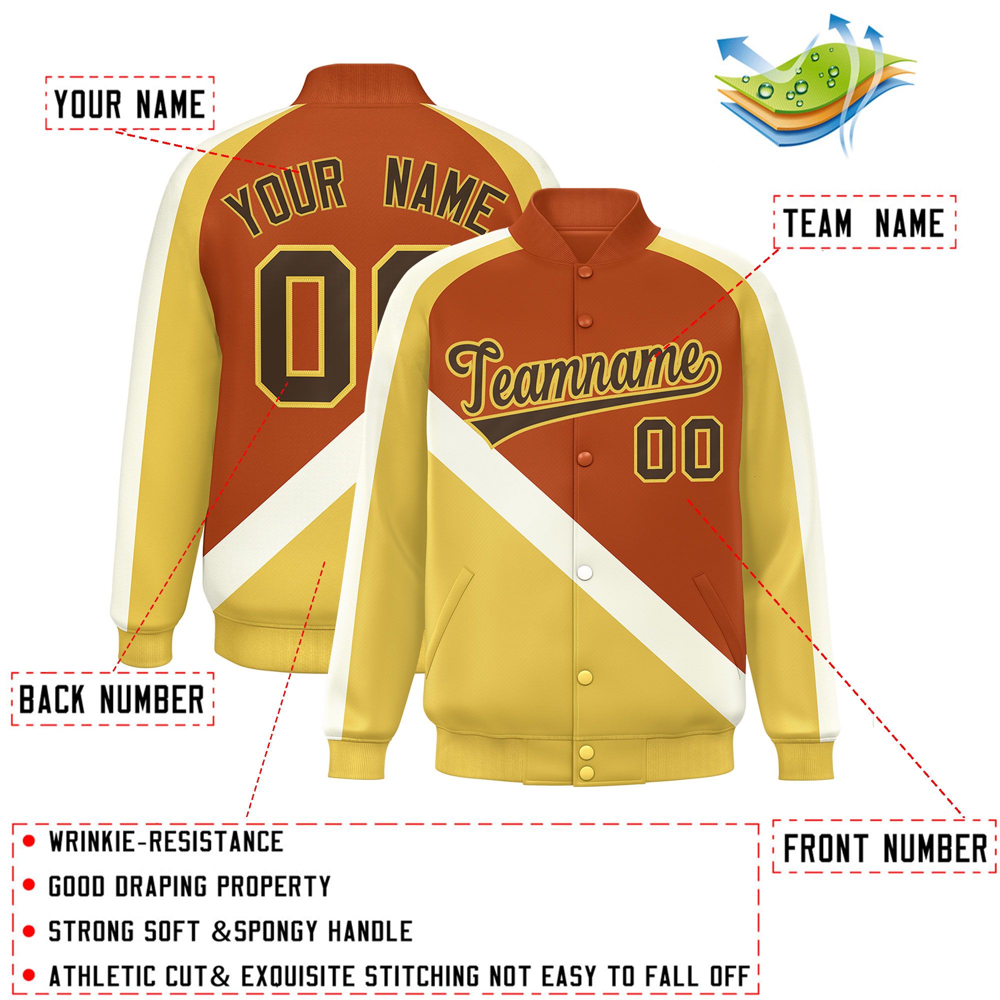 Custom Texas Orange Khaki Raglan Sleeves Varsity Full-Snap Letterman Baseball Jacket