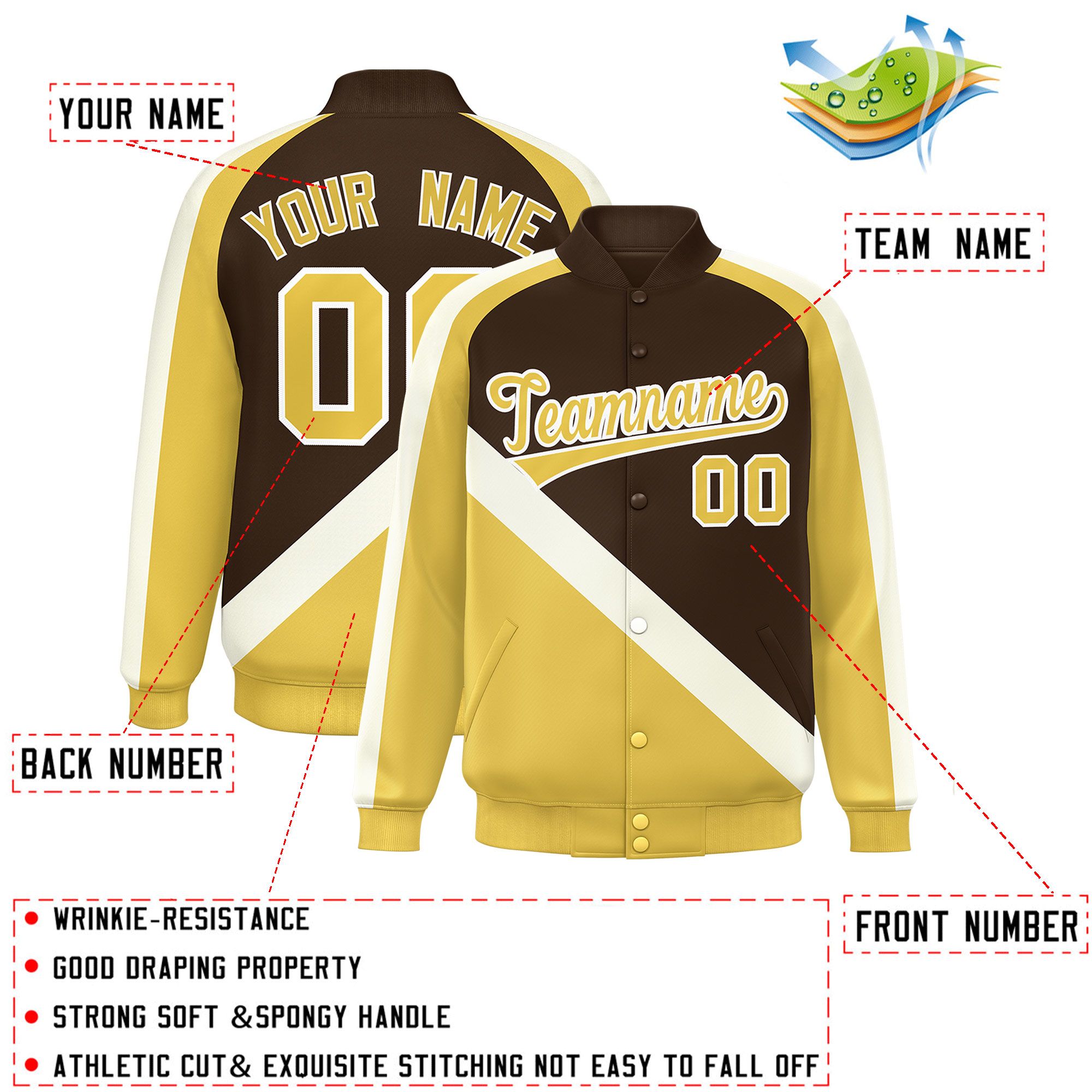 Custom Brown Khaki Raglan Sleeves Varsity Full-Snap Letterman Baseball Jacket