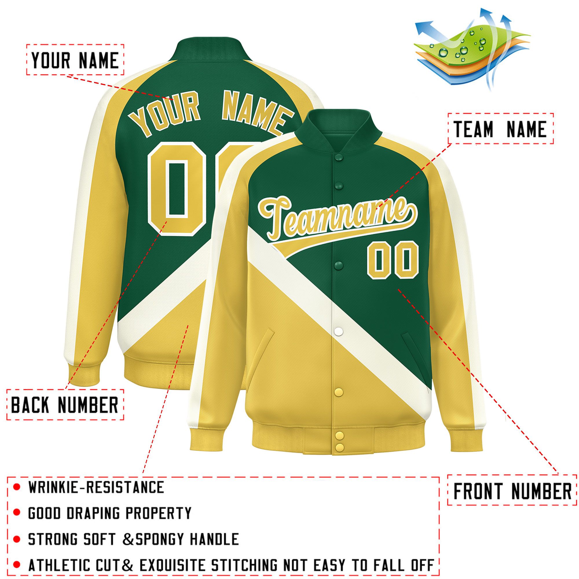 Custom Green Khaki Raglan Sleeves Varsity Full-Snap Letterman Baseball Jacket