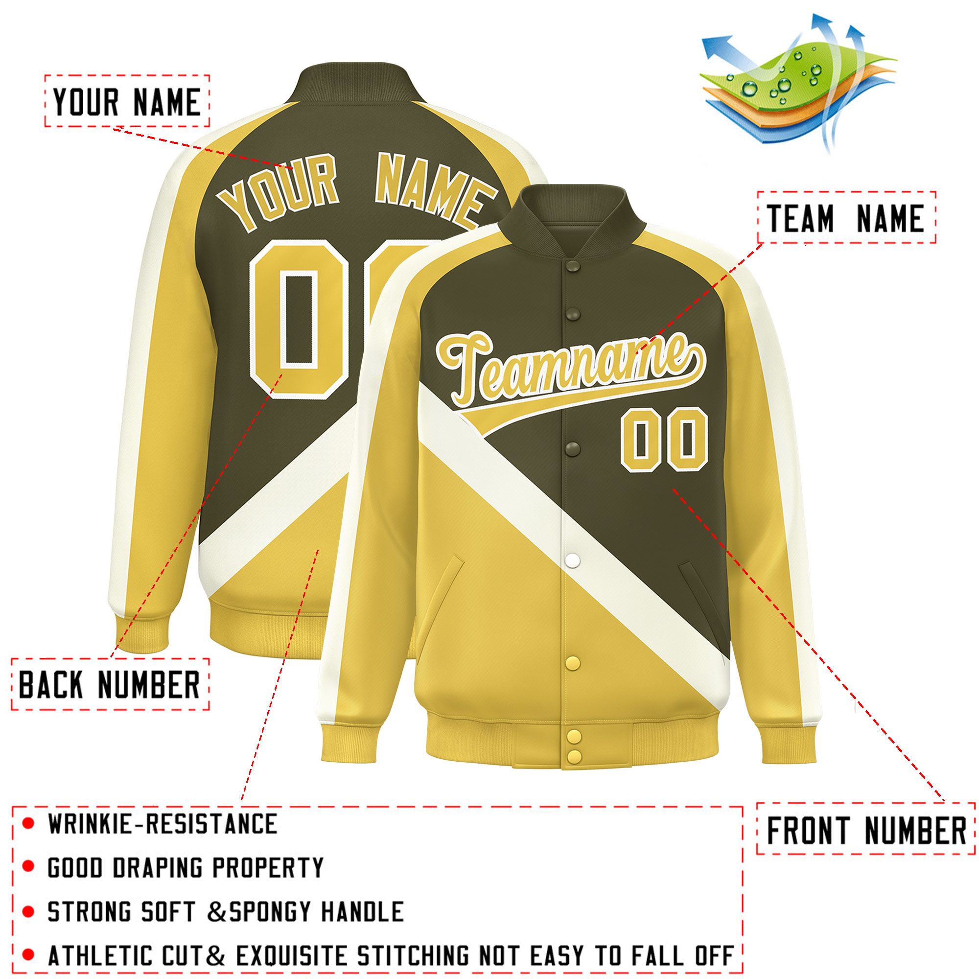 Custom Olive Khaki Raglan Sleeves Varsity Full-Snap Letterman Baseball Jacket