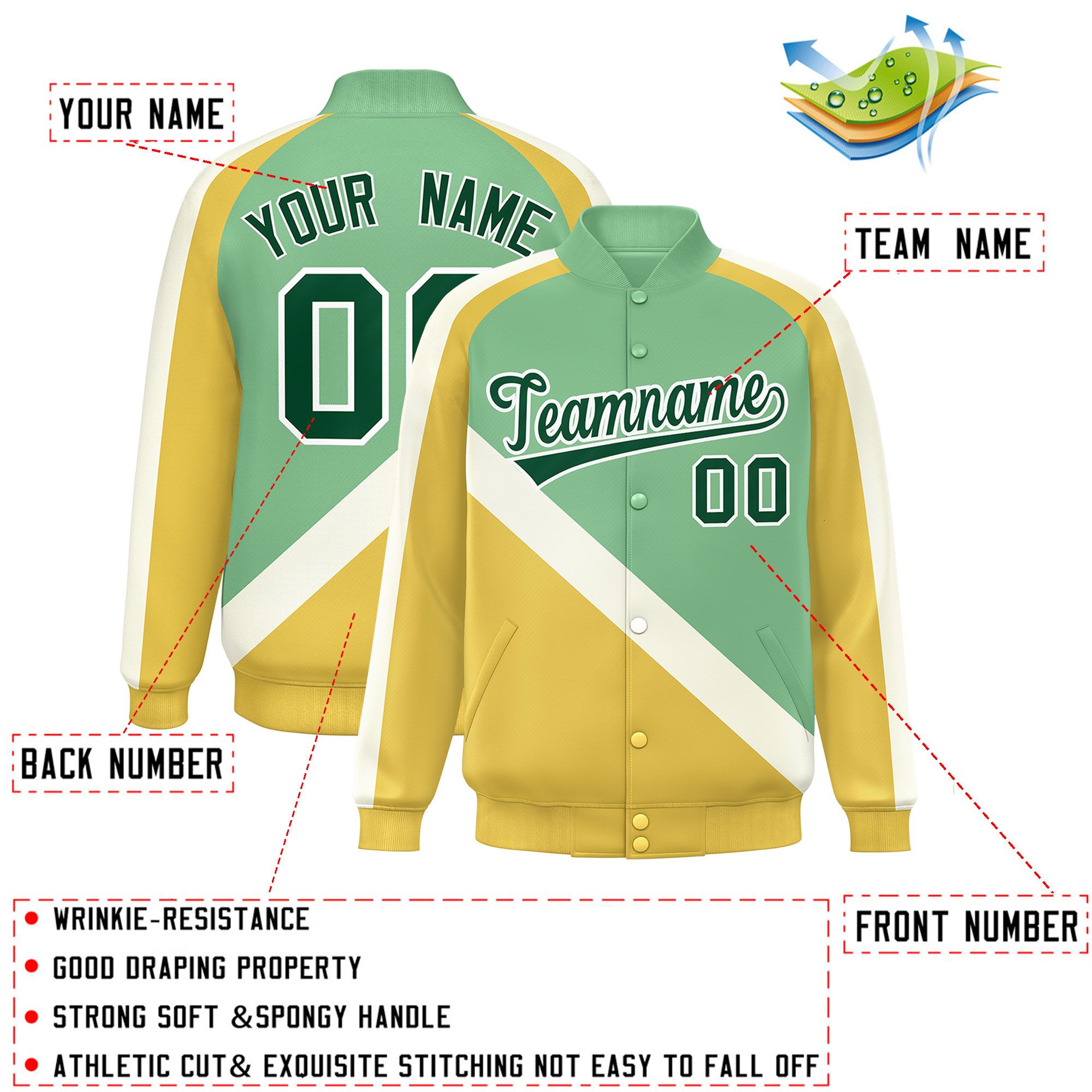 Custom Green Khaki Raglan Sleeves Varsity Full-Snap Letterman Baseball Jacket