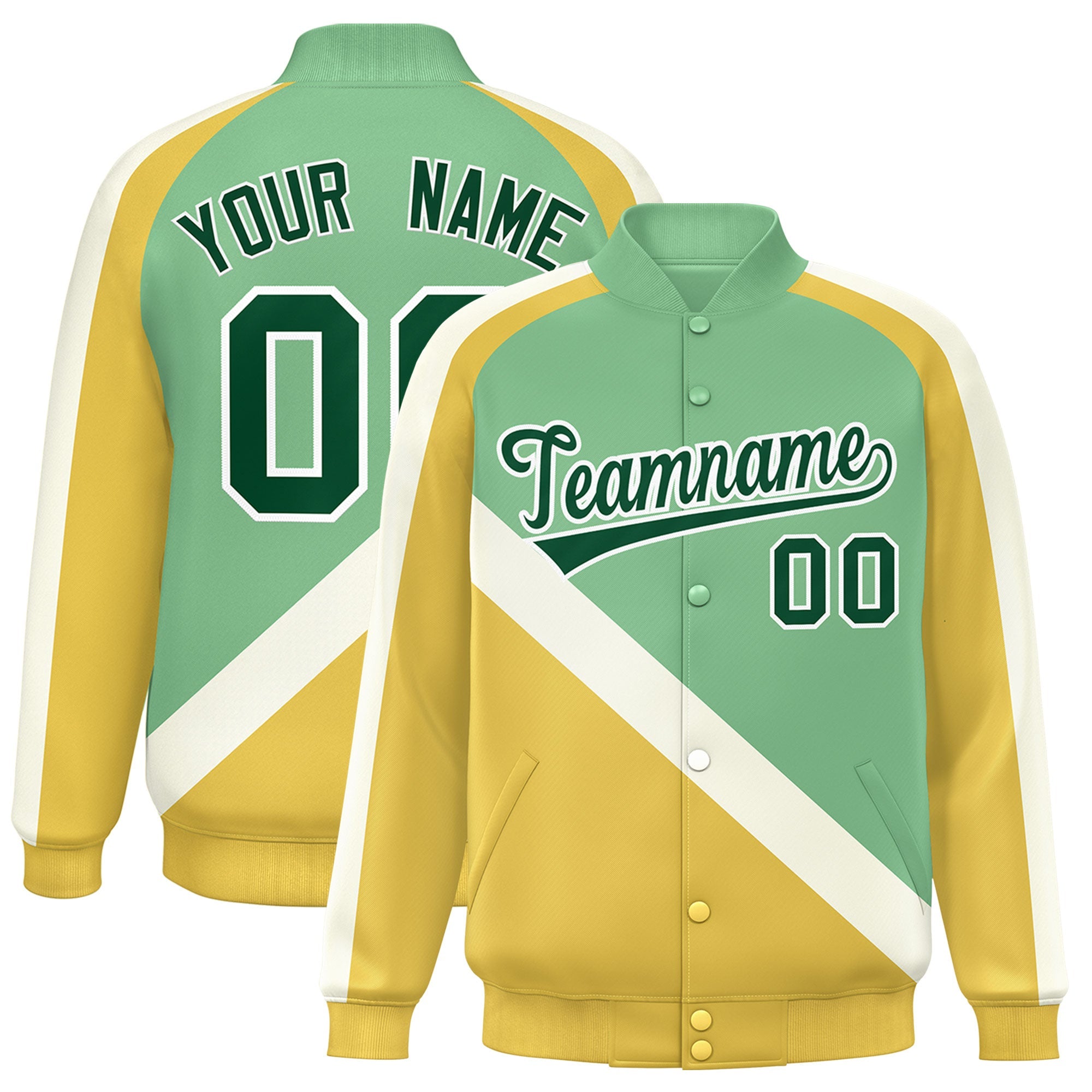 Custom Green Khaki Raglan Sleeves Varsity Full-Snap Letterman Baseball Jacket