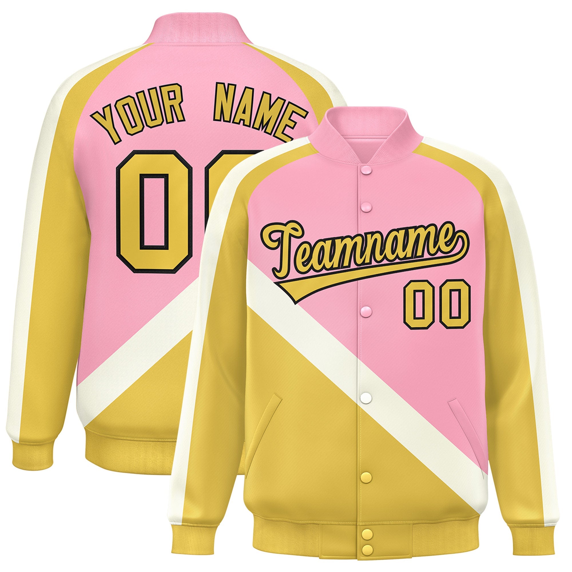 Custom Light Pink Khaki Raglan Sleeves Varsity Full-Snap Letterman Baseball Jacket