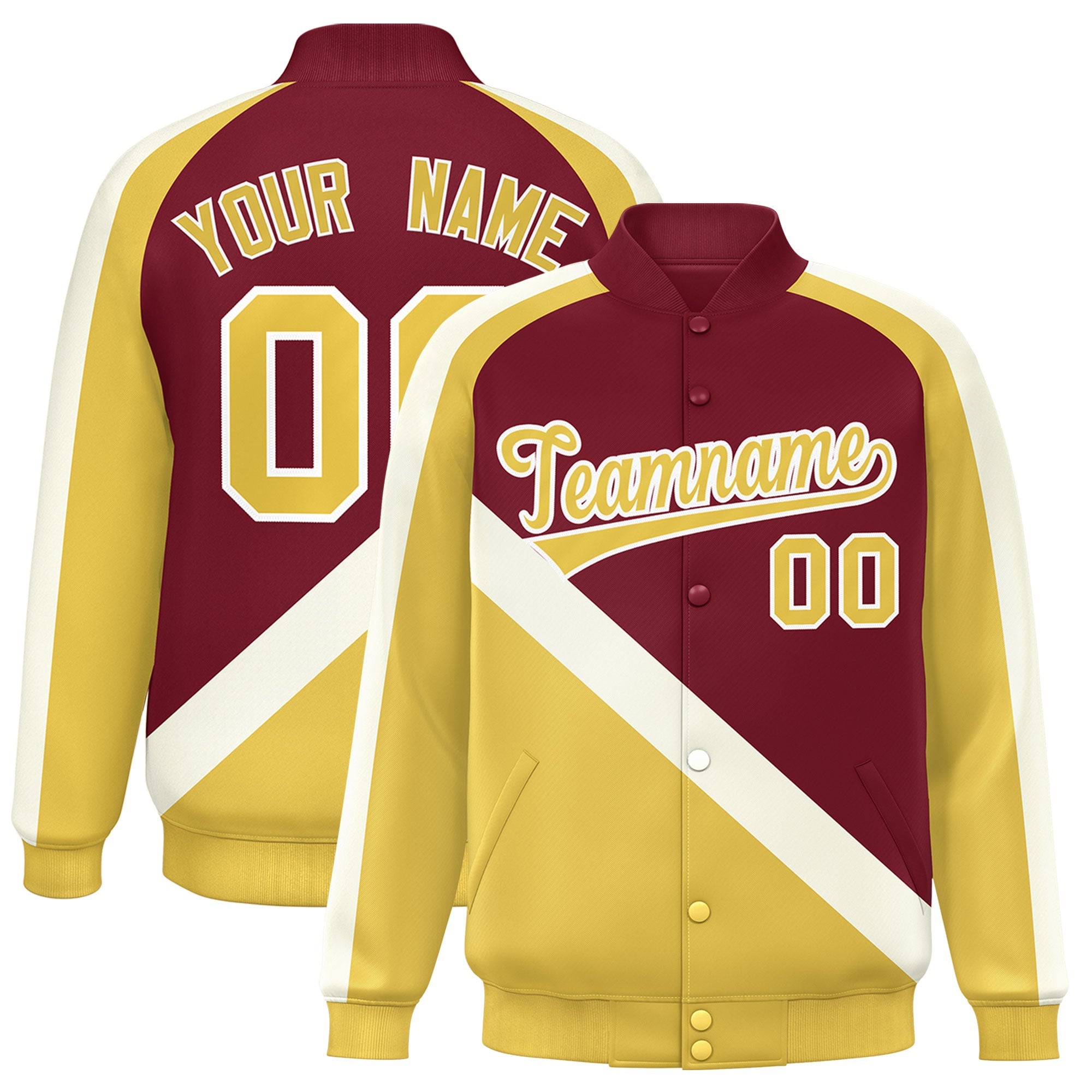 Custom Crimson Khaki Raglan Sleeves Varsity Full-Snap Letterman Baseball Jacket