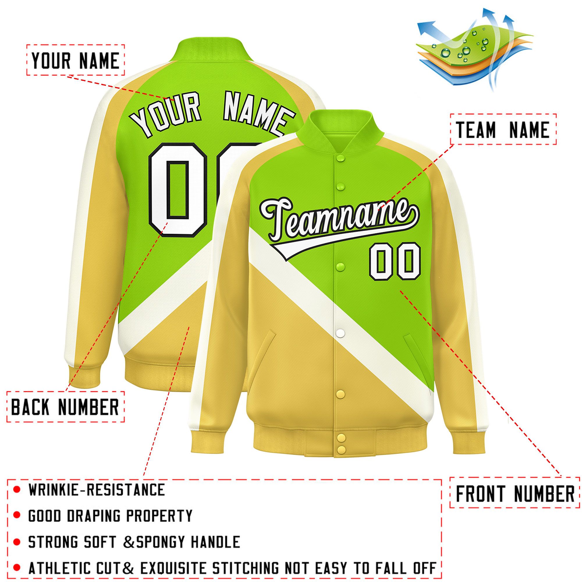 Custom Neon Green Khaki Raglan Sleeves Varsity Full-Snap Letterman Baseball Jacket