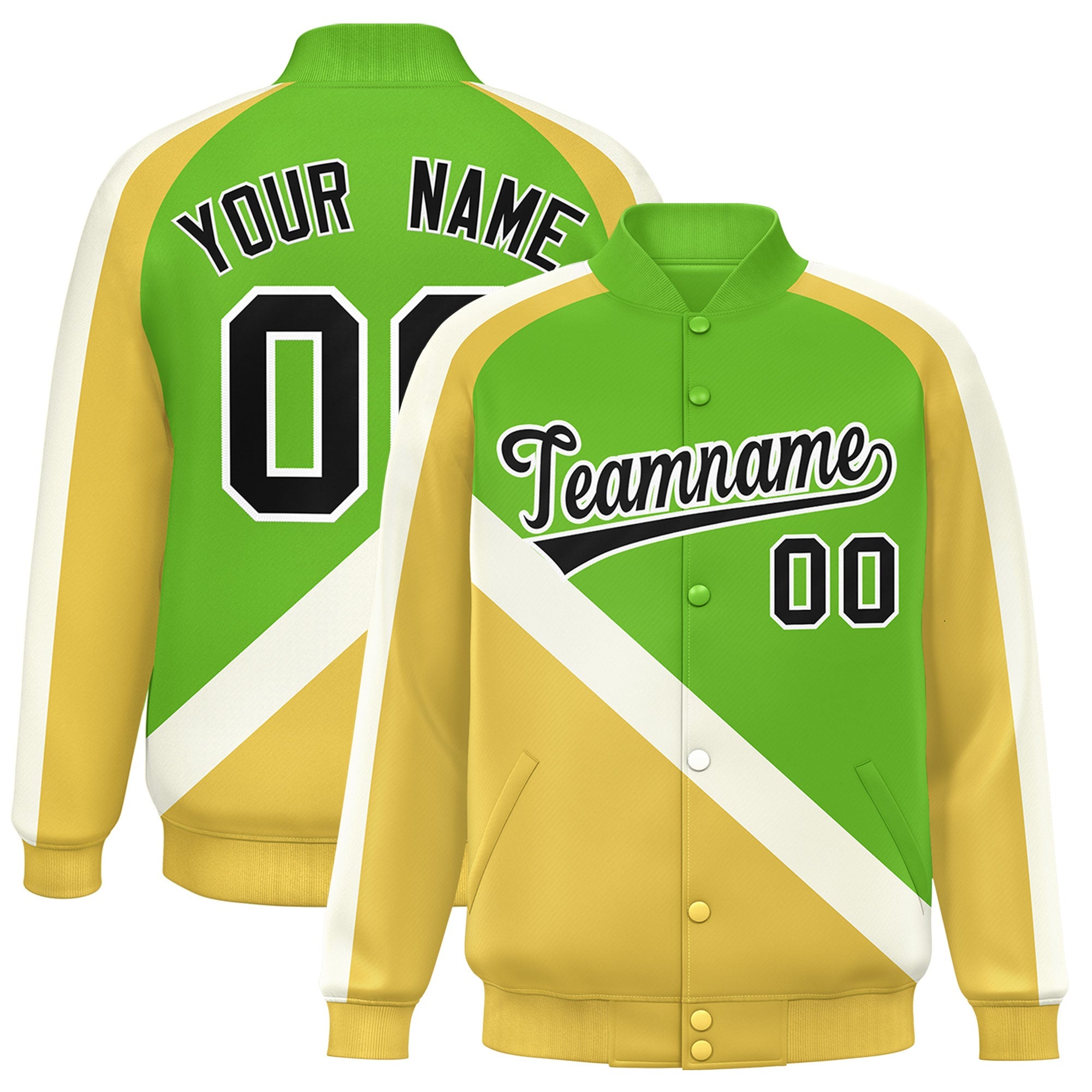 Custom Green Khaki Raglan Sleeves Varsity Full-Snap Letterman Baseball Jacket