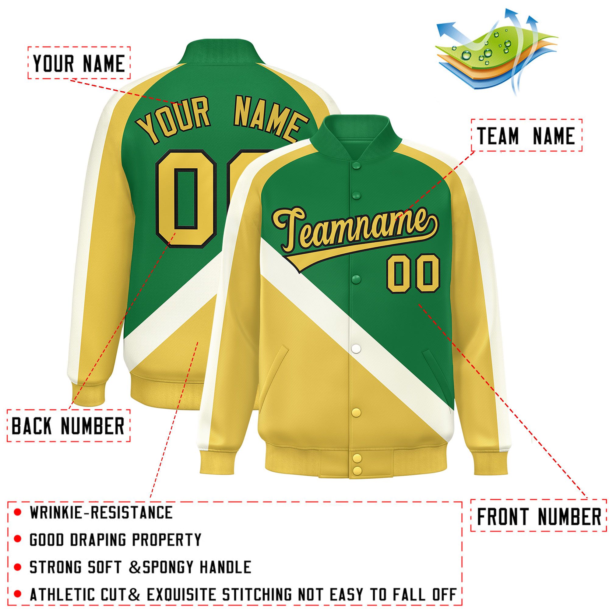 Custom Kelly Green Khaki Raglan Sleeves Varsity Full-Snap Letterman Baseball Jacket