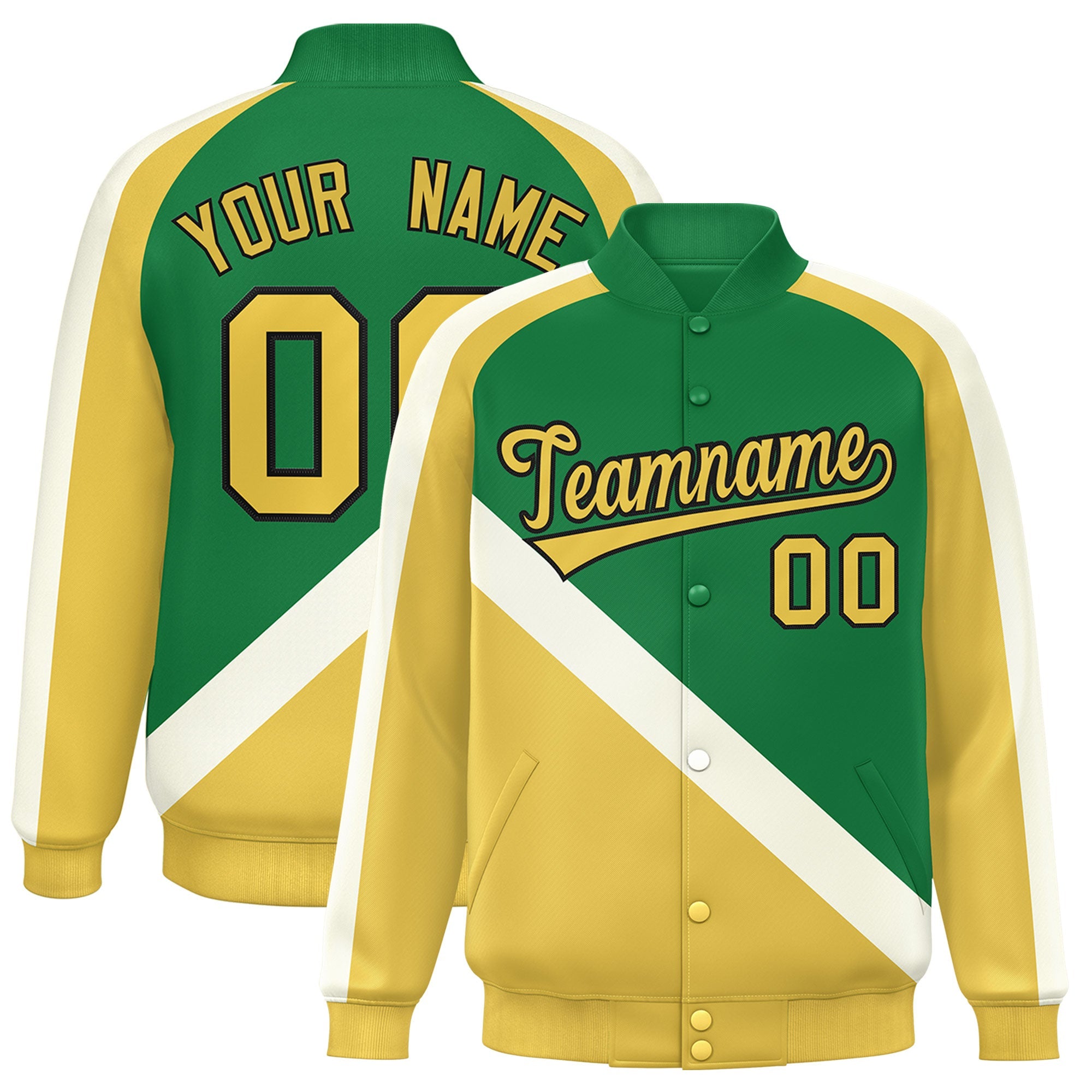 Custom Kelly Green Khaki Raglan Sleeves Varsity Full-Snap Letterman Baseball Jacket